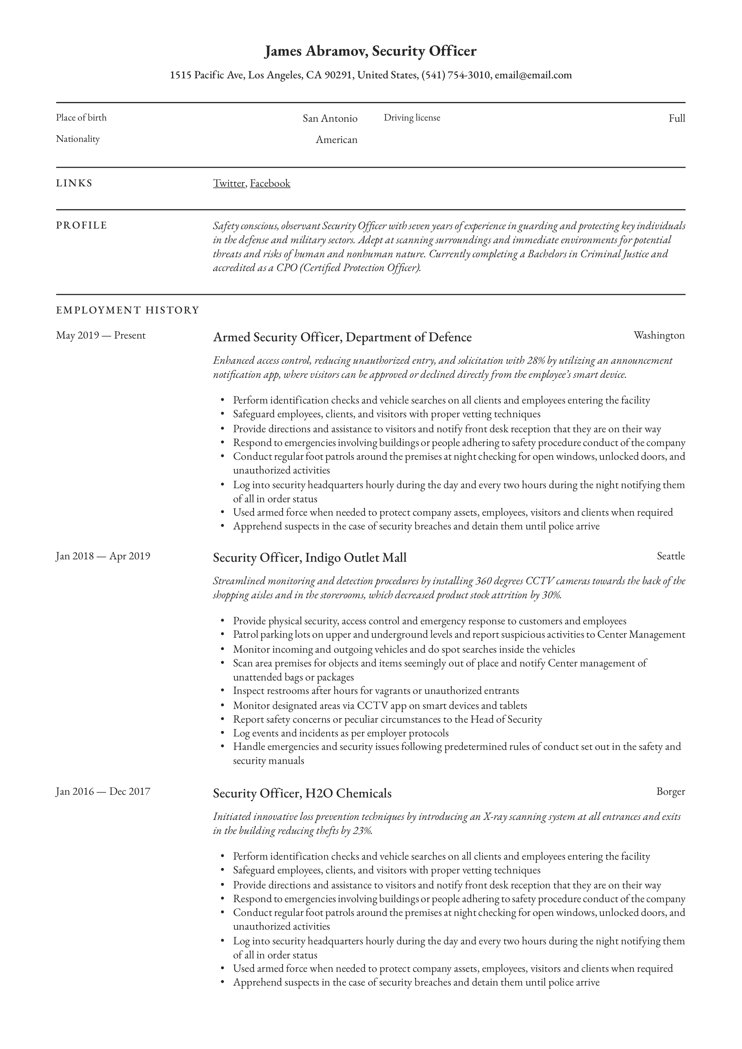 Resume Security Officer