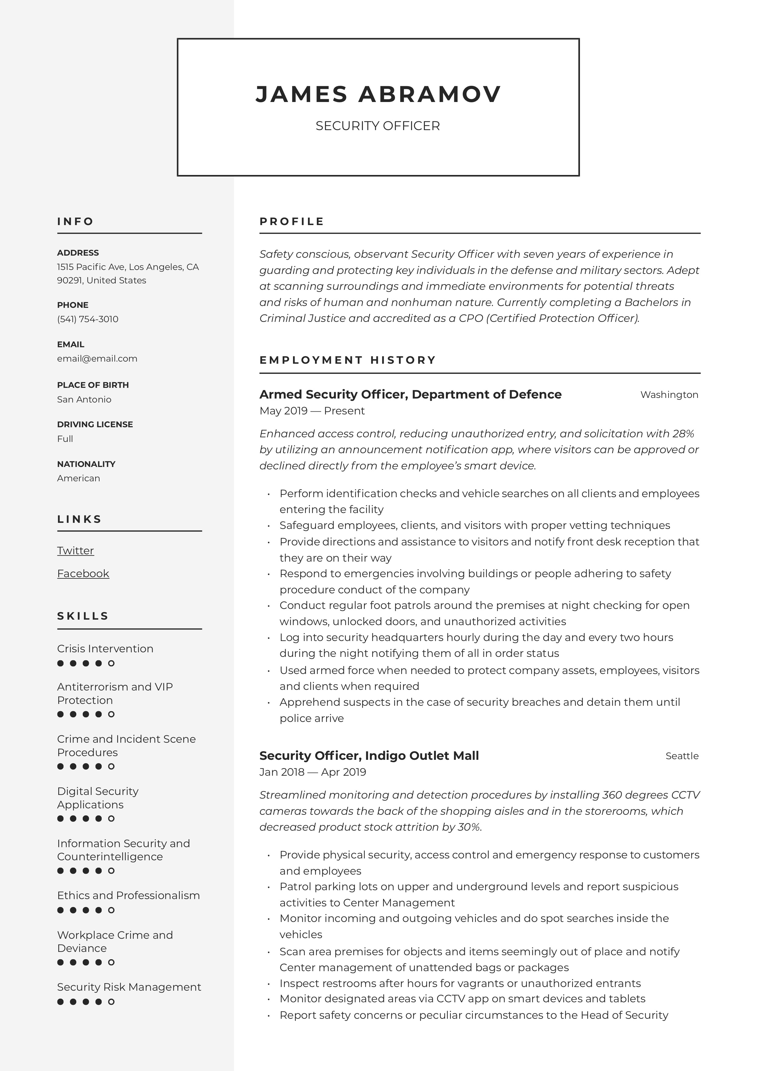 Resume Template Security Officer