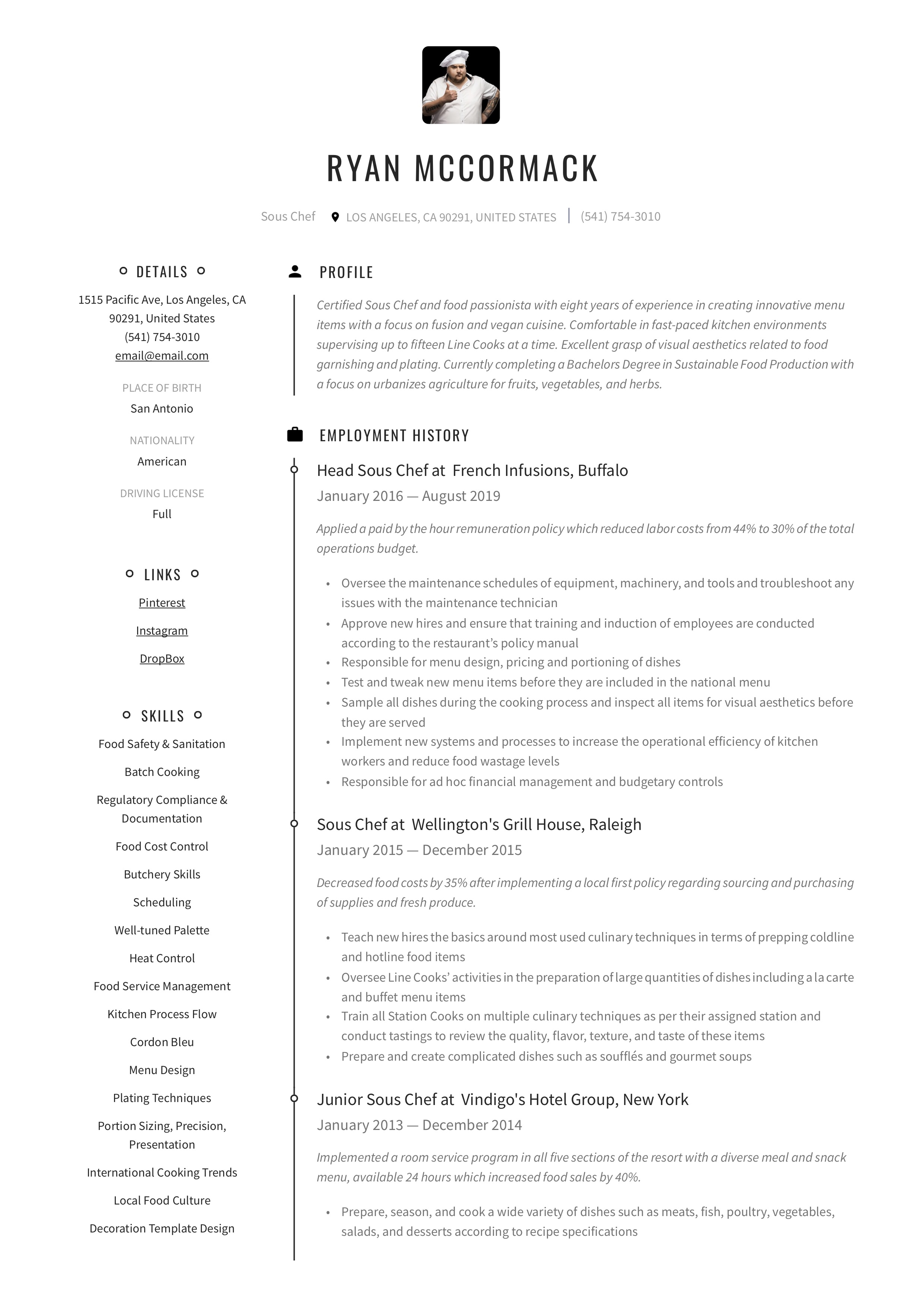 Resume Template Sous Chef