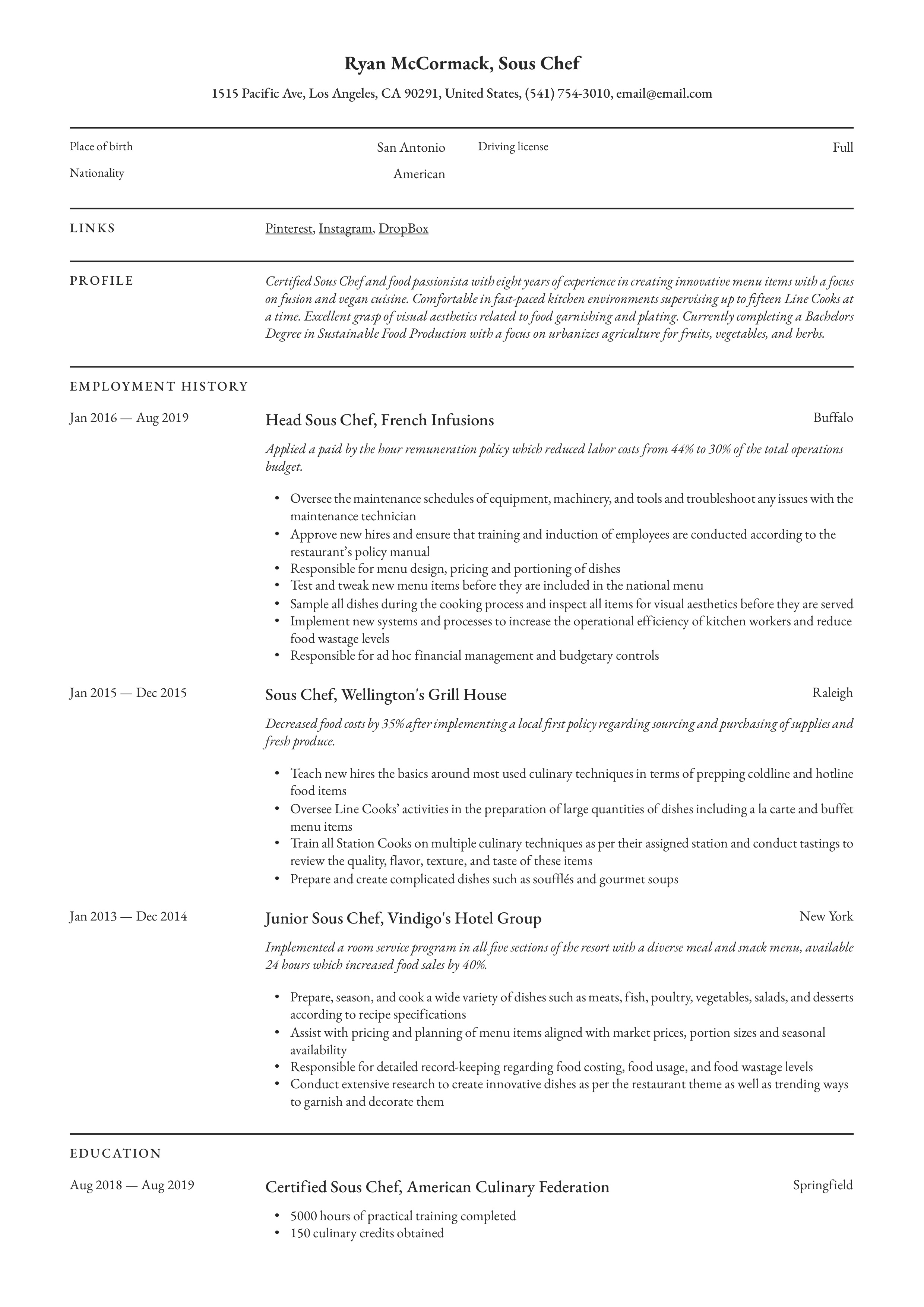 Resume Example Sous Chef