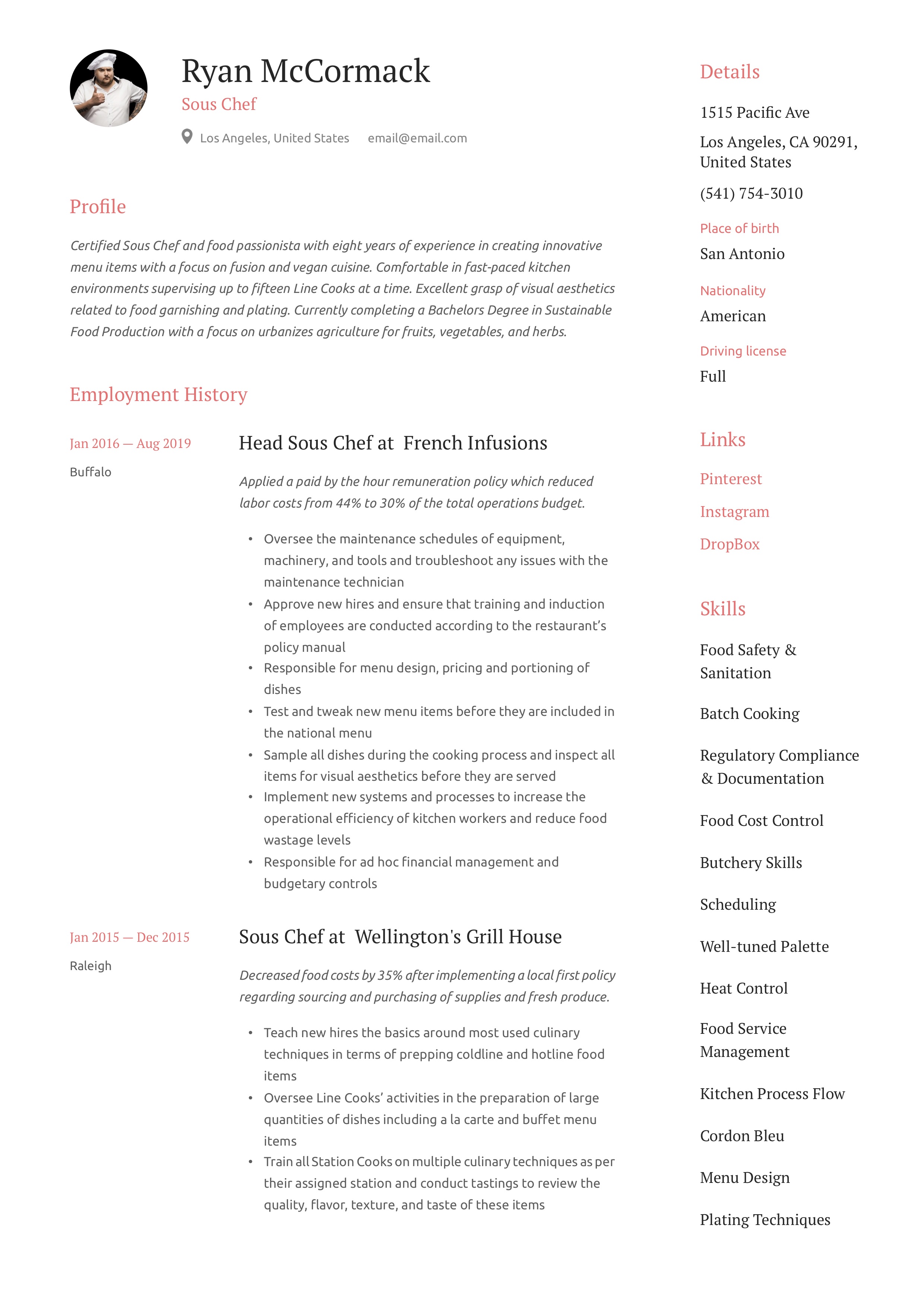 Resume Sample Sous Chef