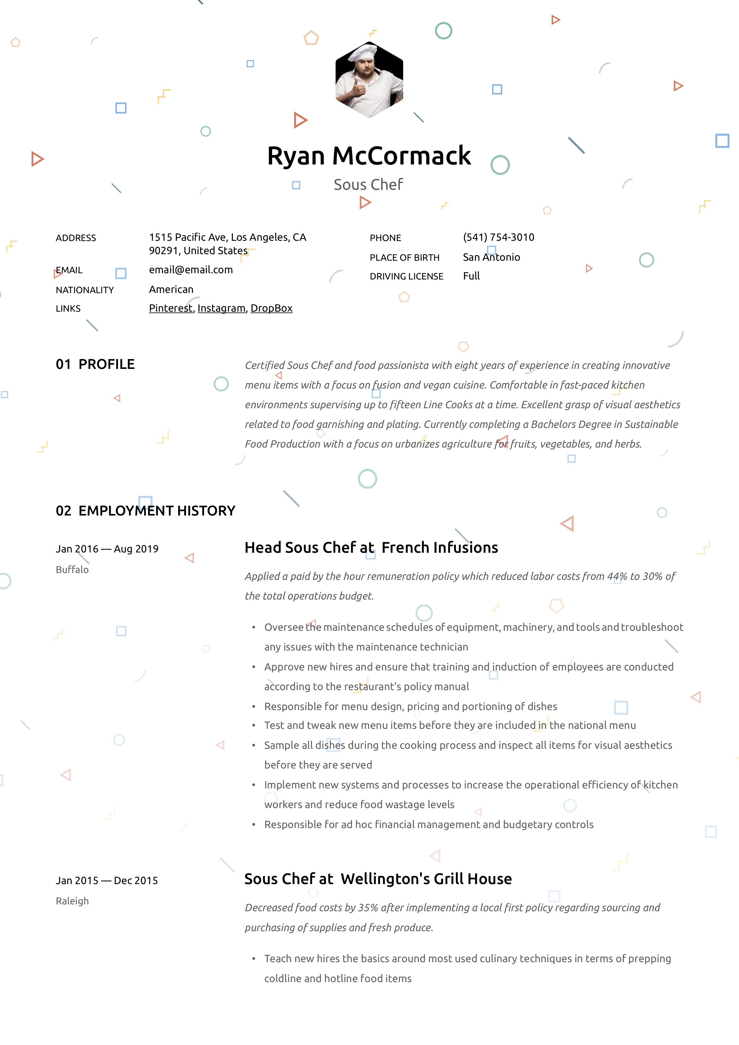 Resume Template Sous Chef