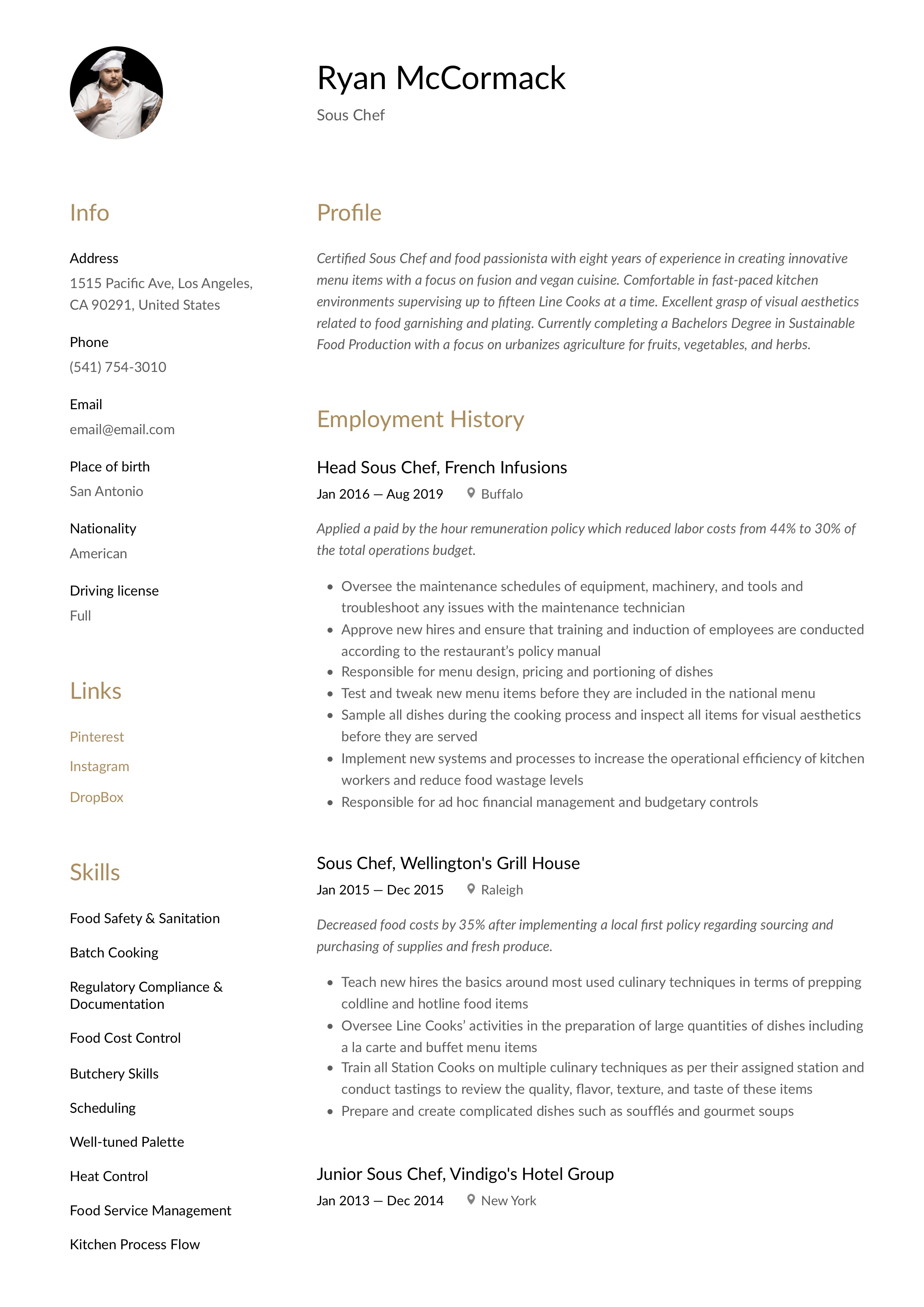 Resume Example Sous Chef