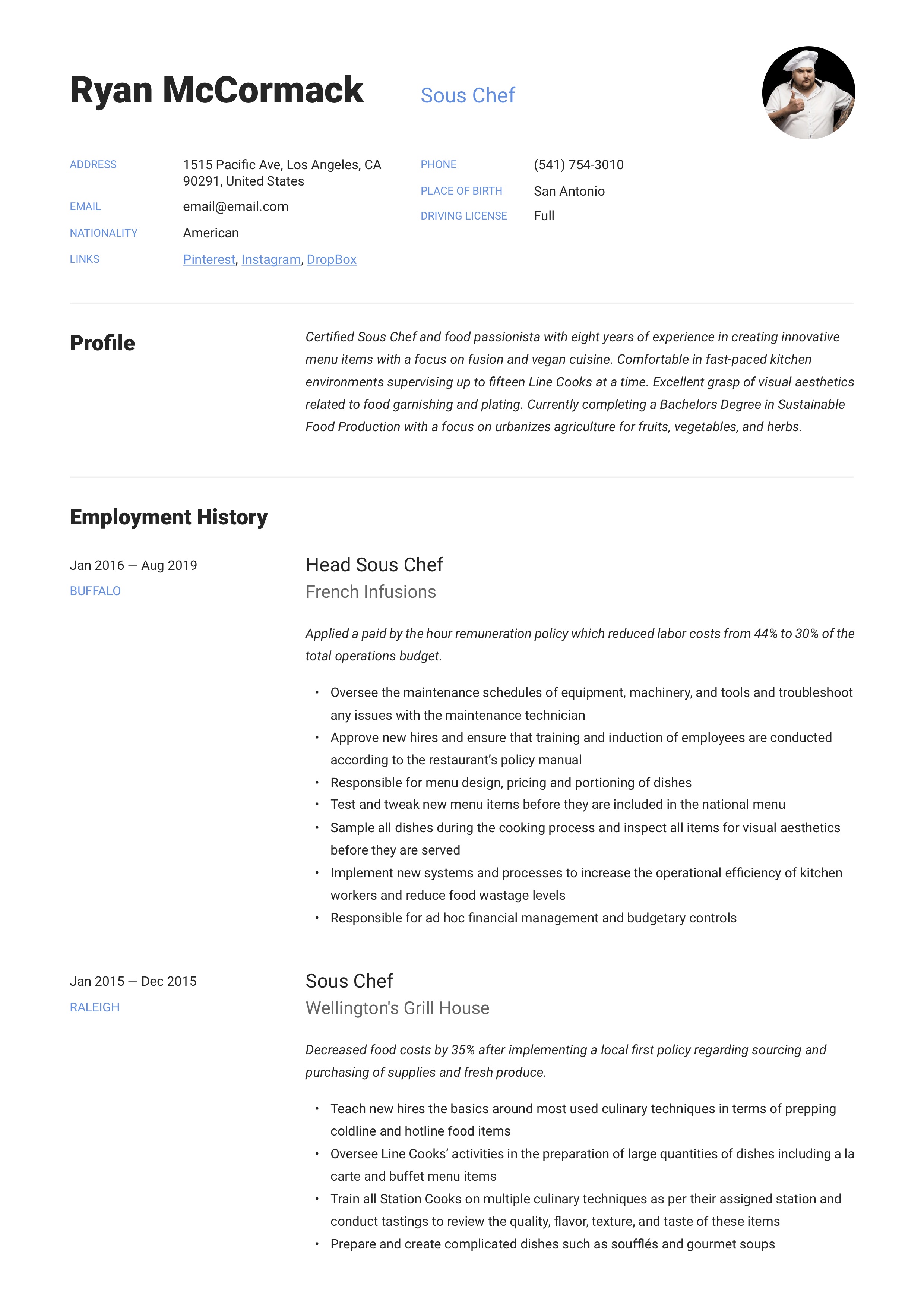 Resume Sample Sous Chef