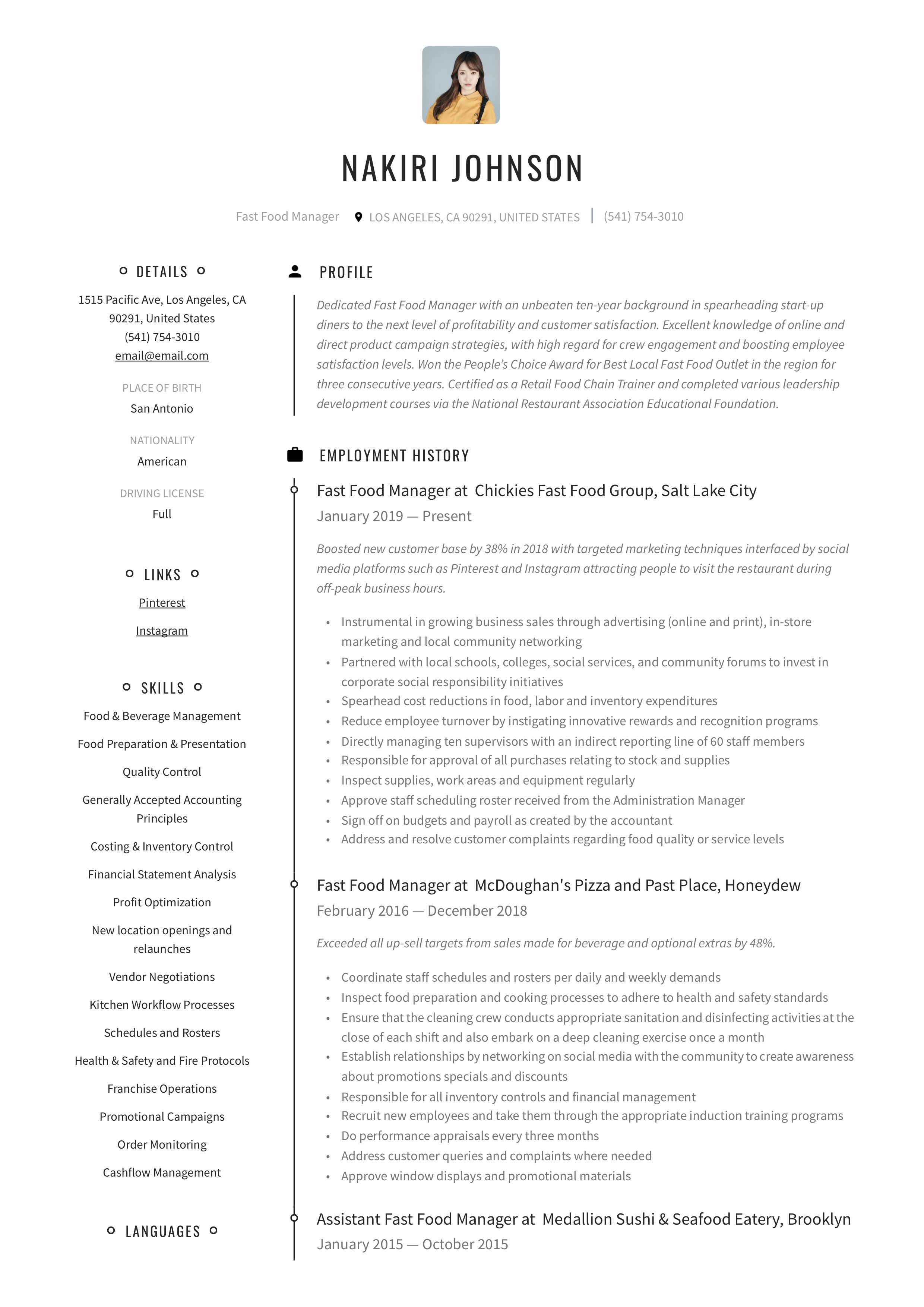 Resume Template Fast Food Manager