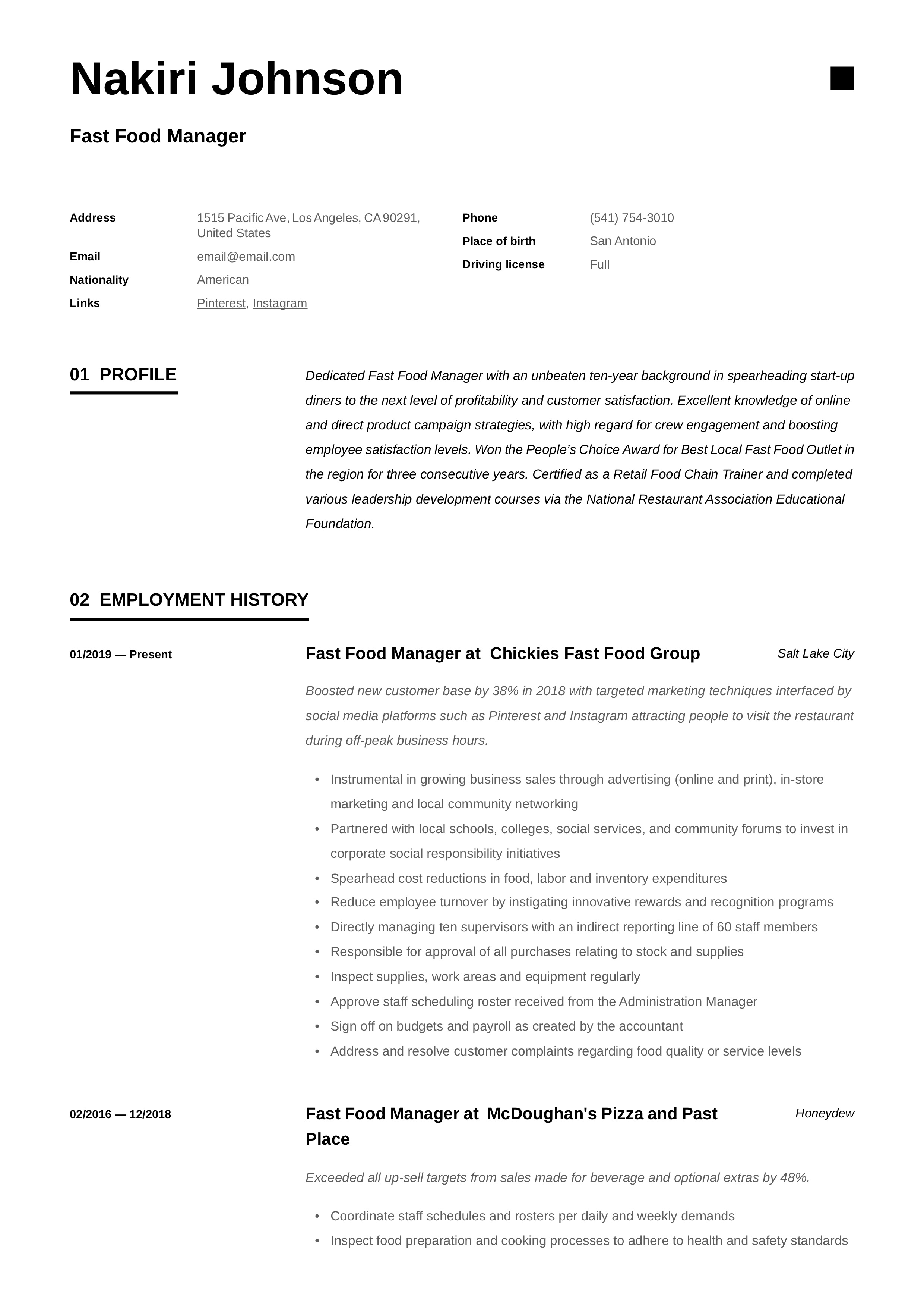 Resume Template Fast Food Manager