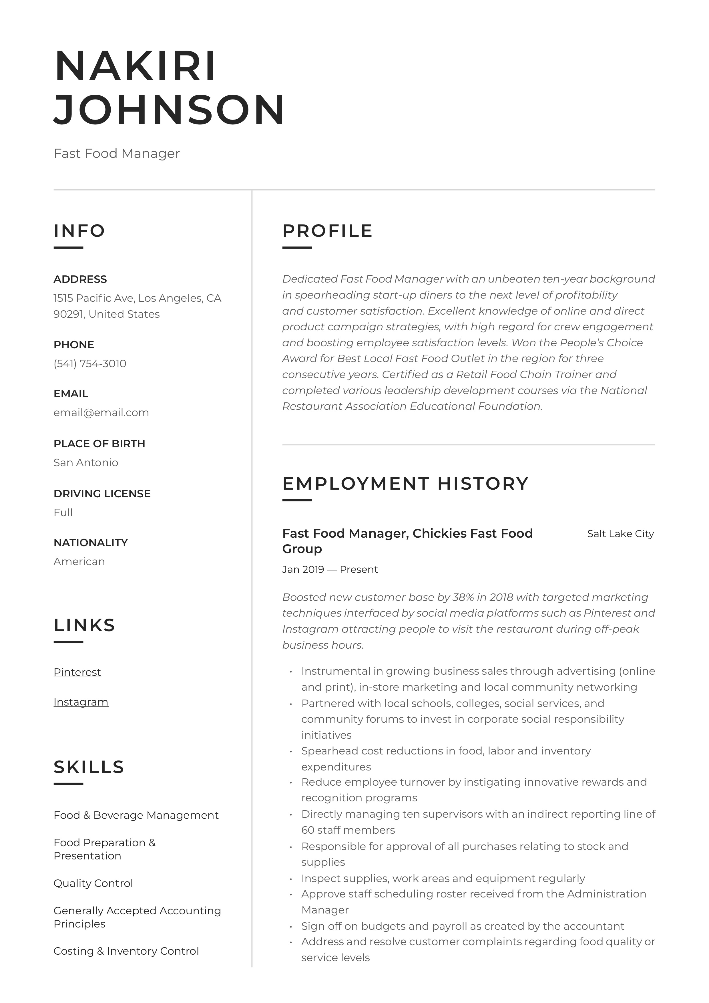 Resume Example Fast Food Manager