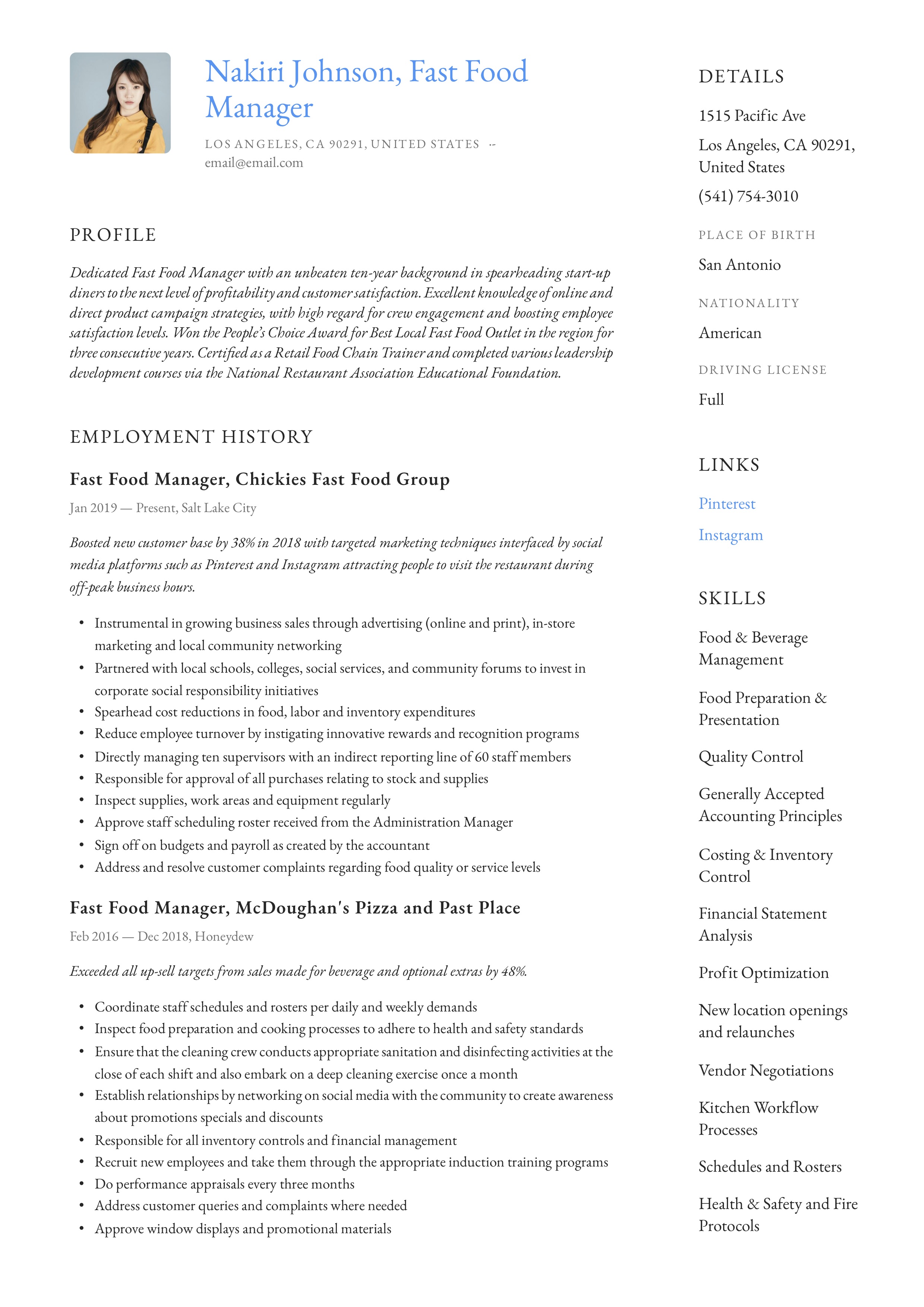 Resume Example Fast Food Manager