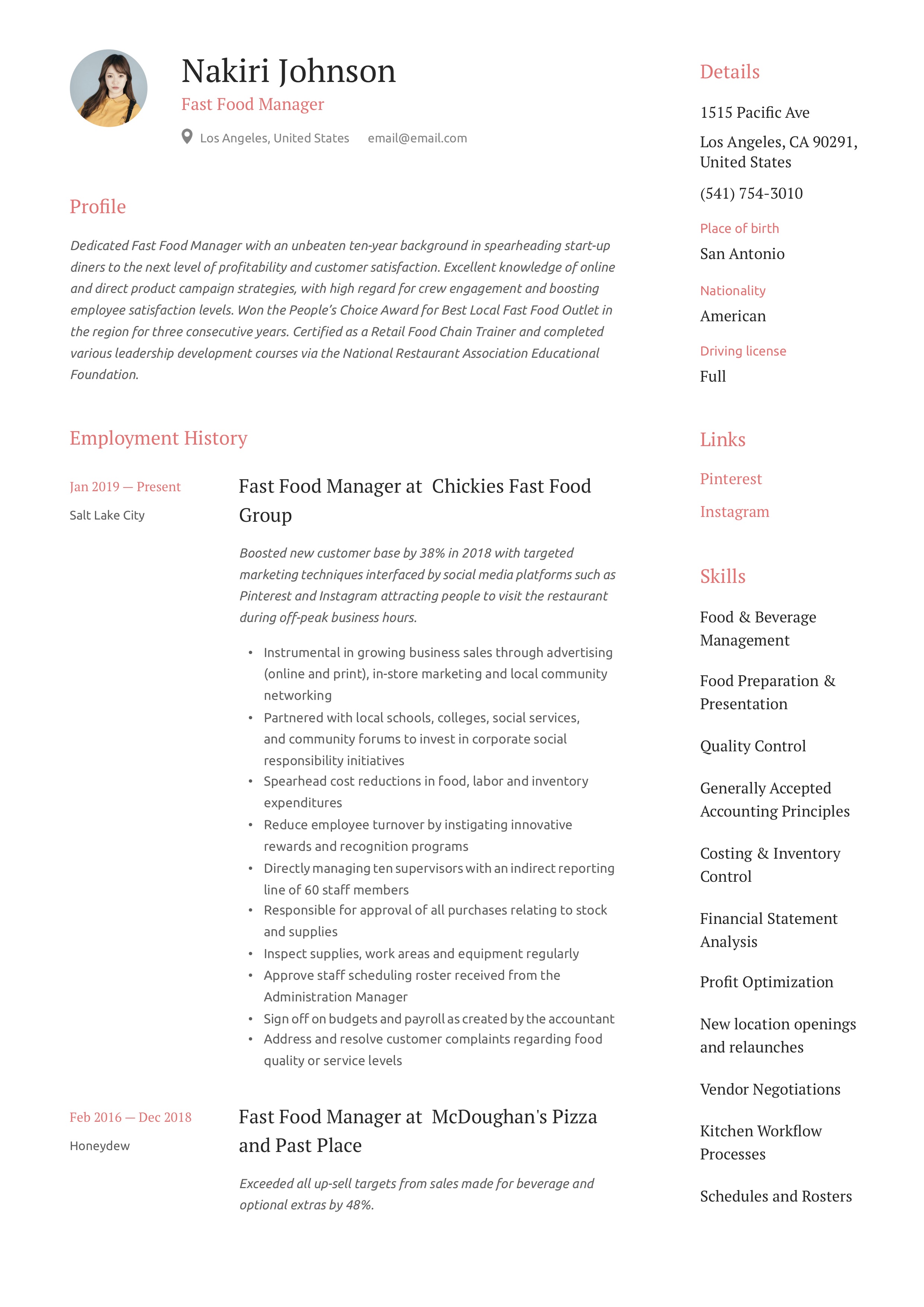 Resume Sample Fast Food Manager