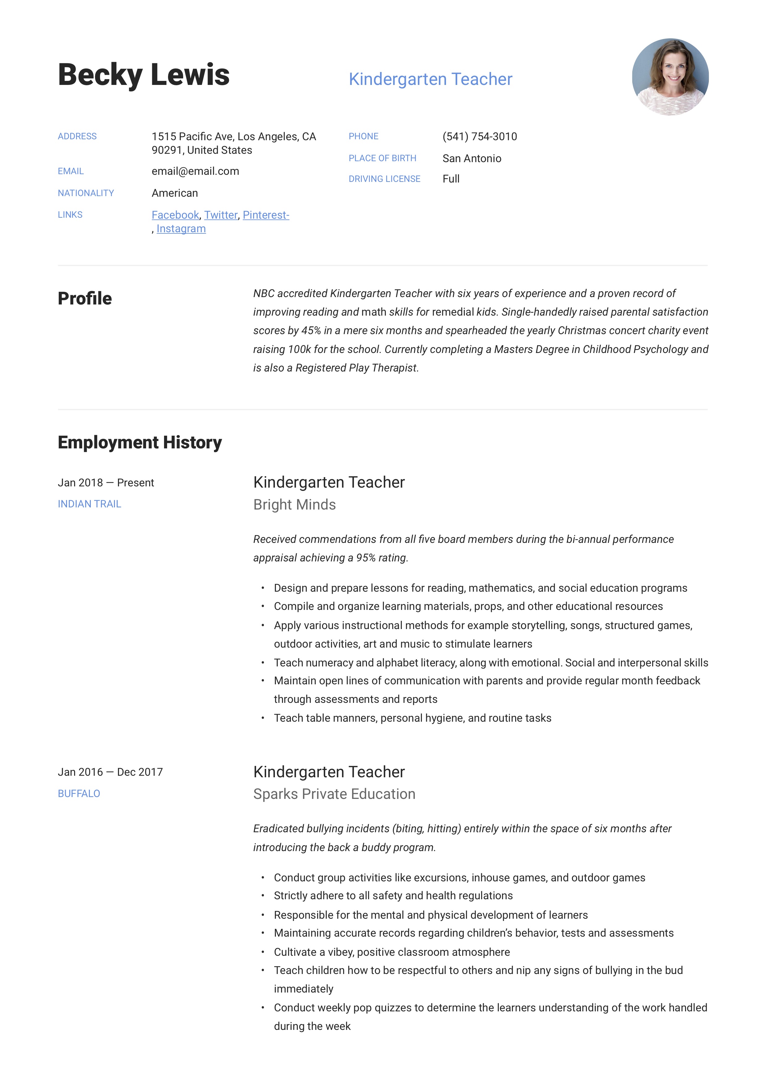 Resume Sample Kindergarten Teacher