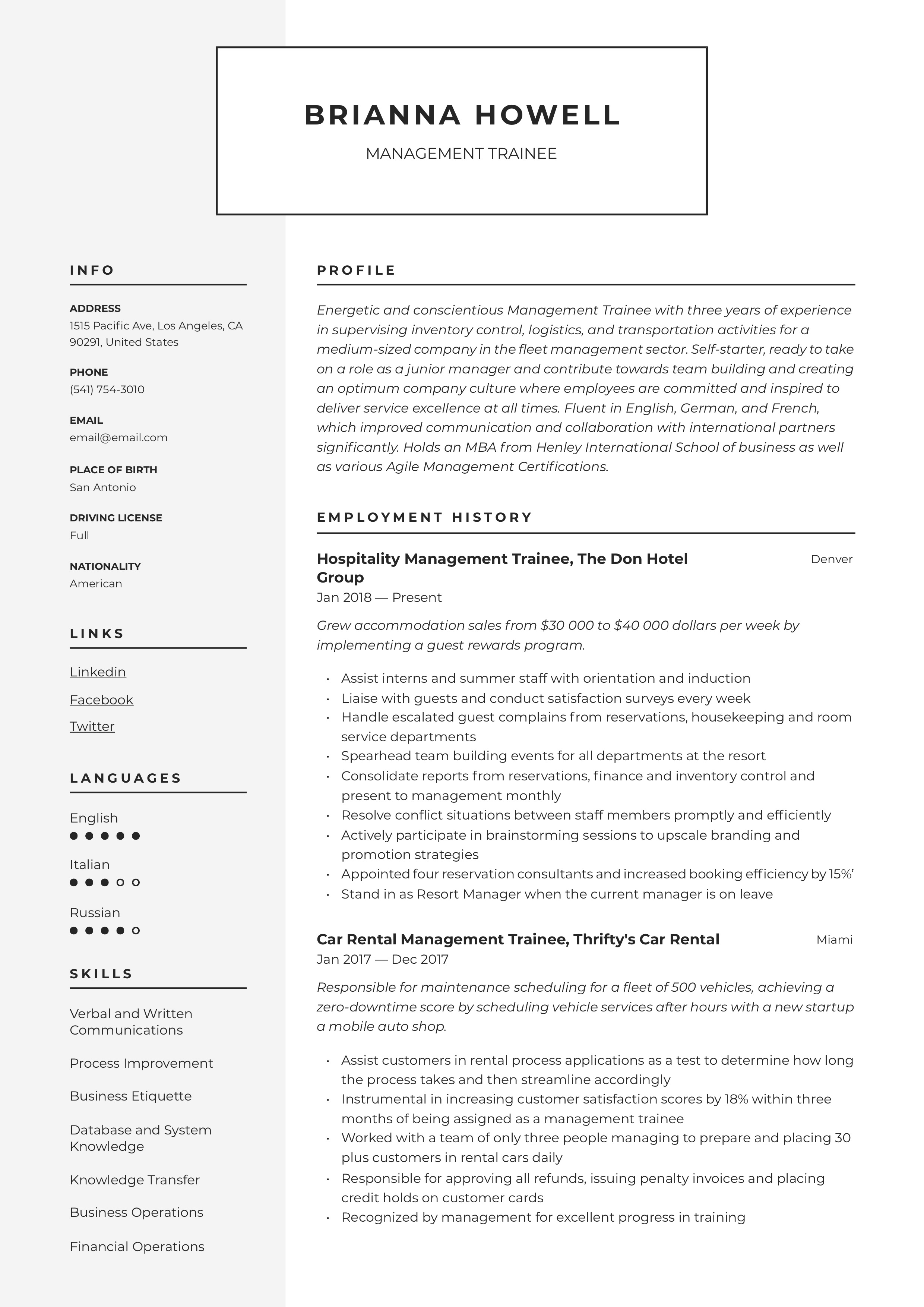 Resume Template Management Trainee