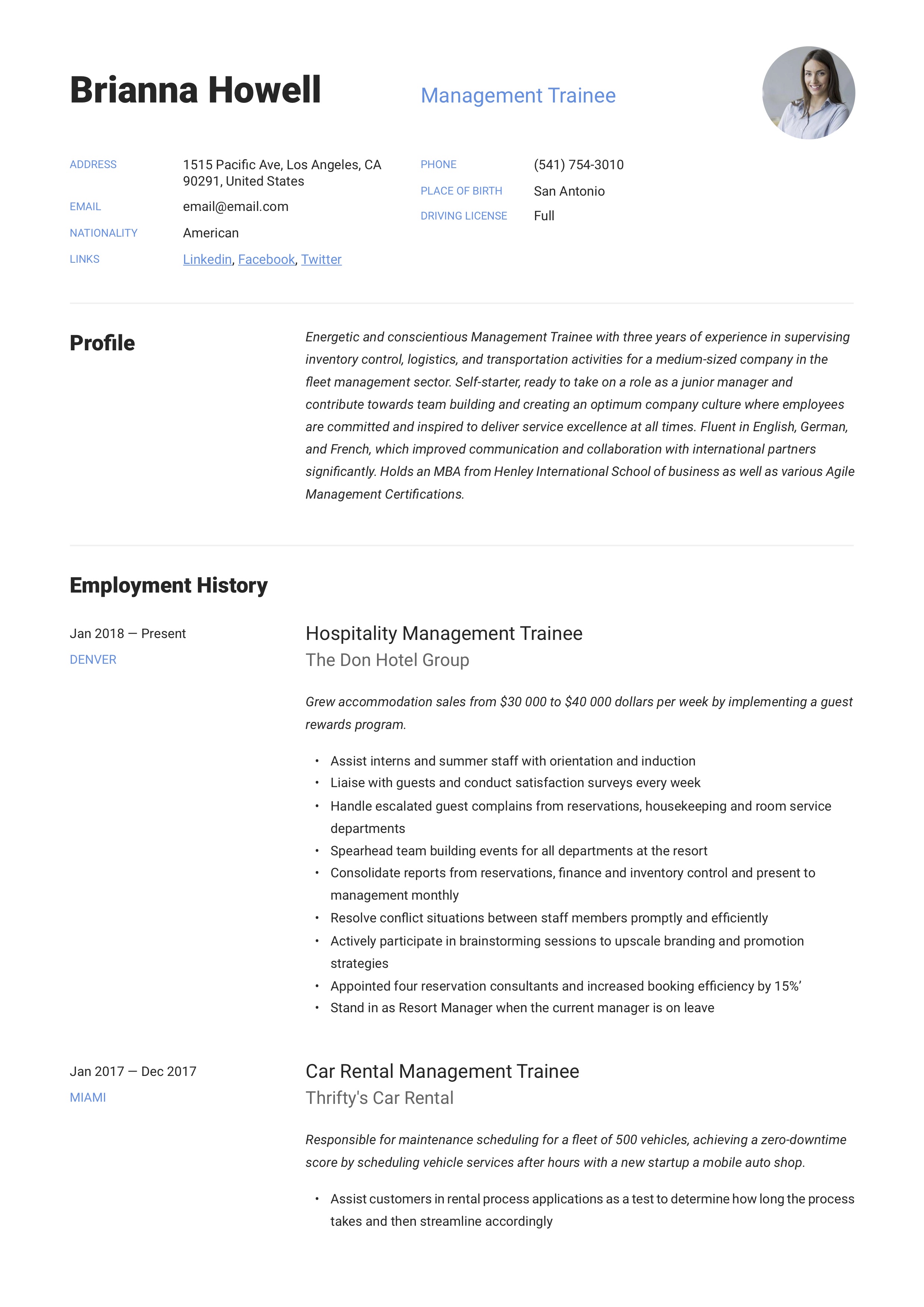 Resume Sample Management Trainee