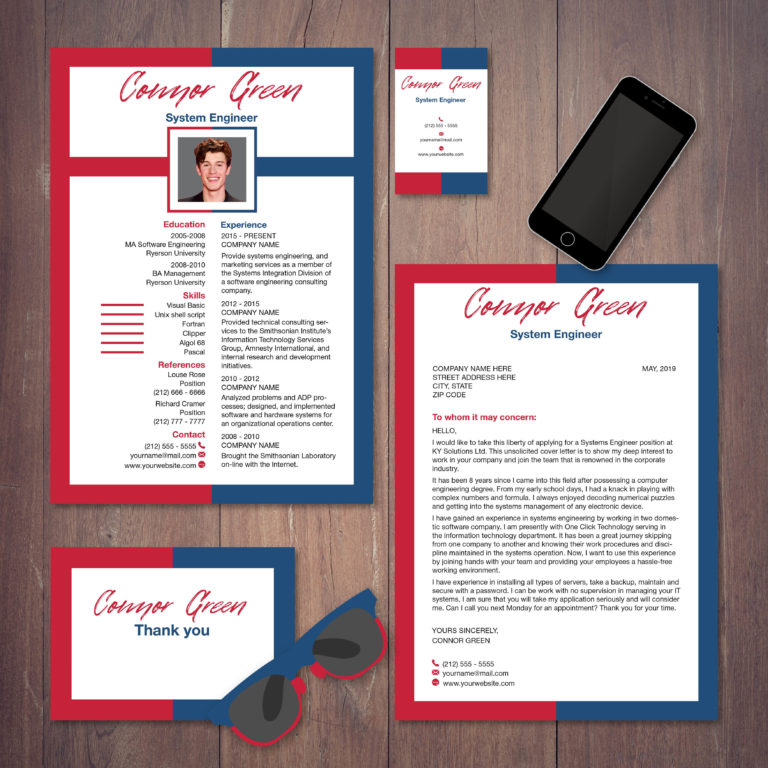 red and blue colored resume with cover letter and business card