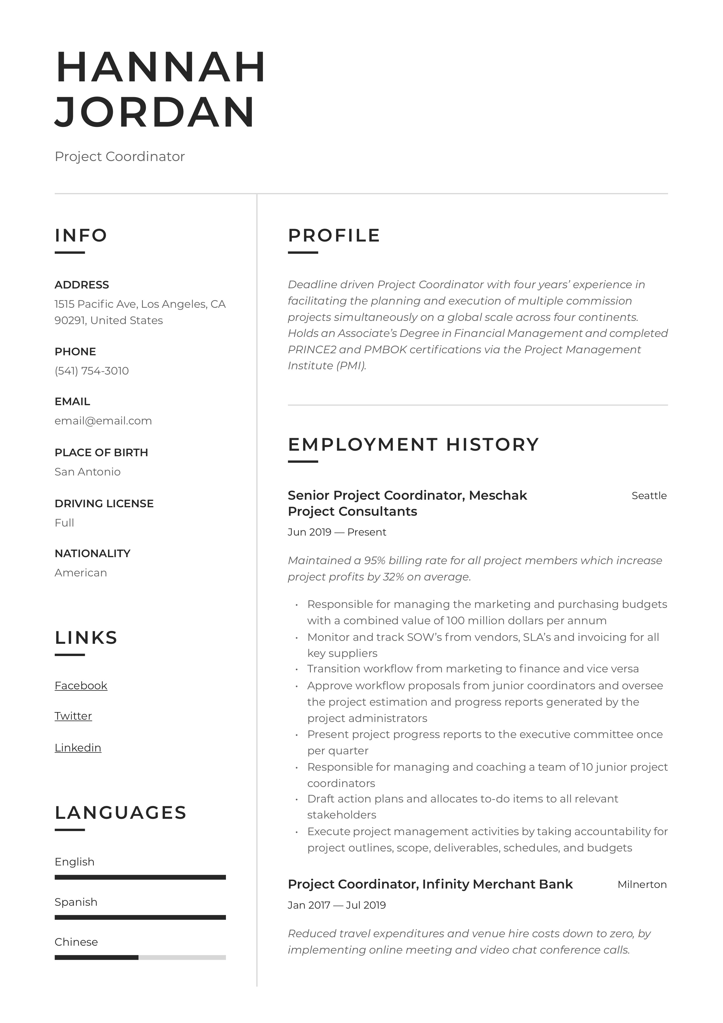 Resume Example Project Coordinator