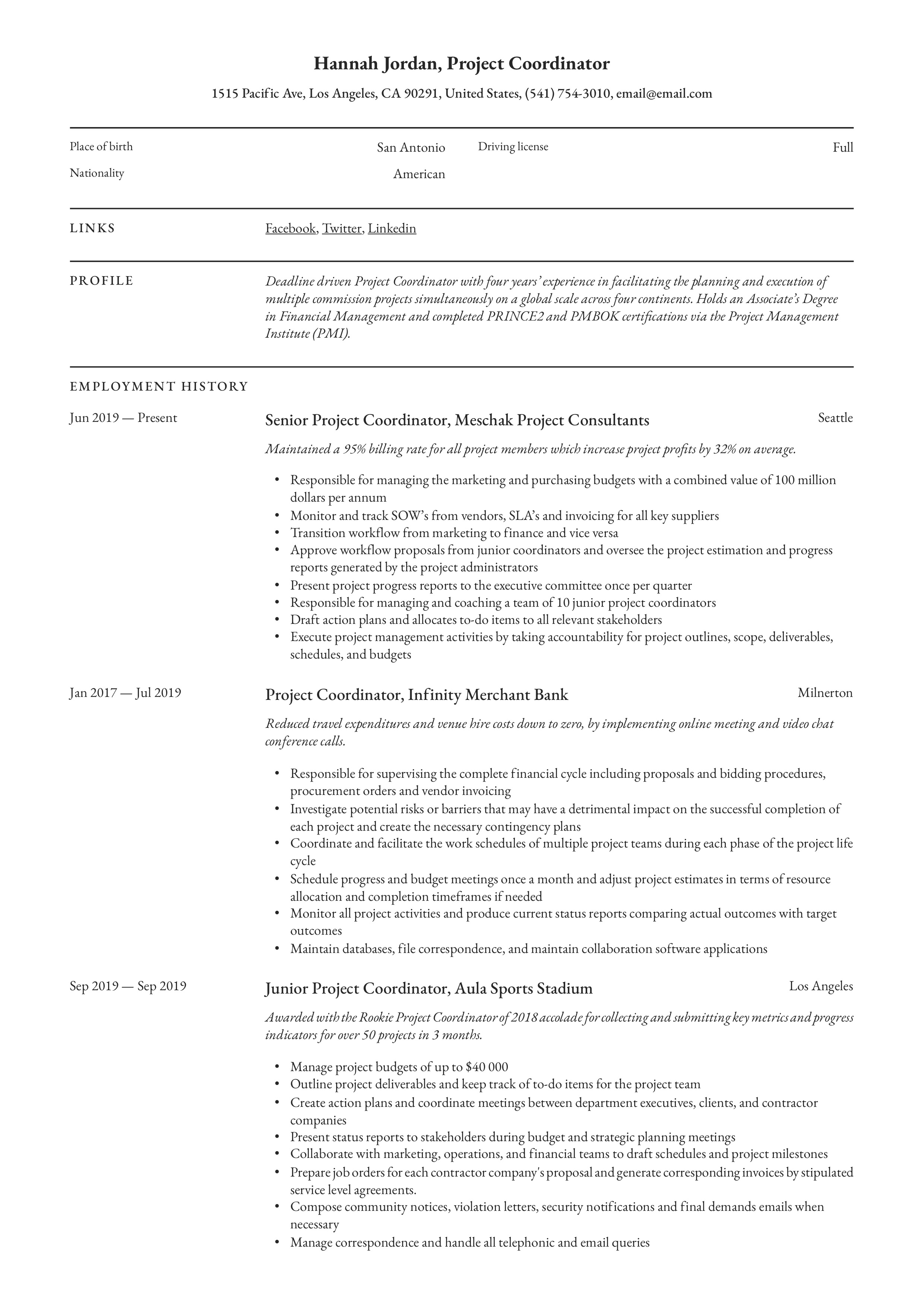 Resume Example Project Coordinator