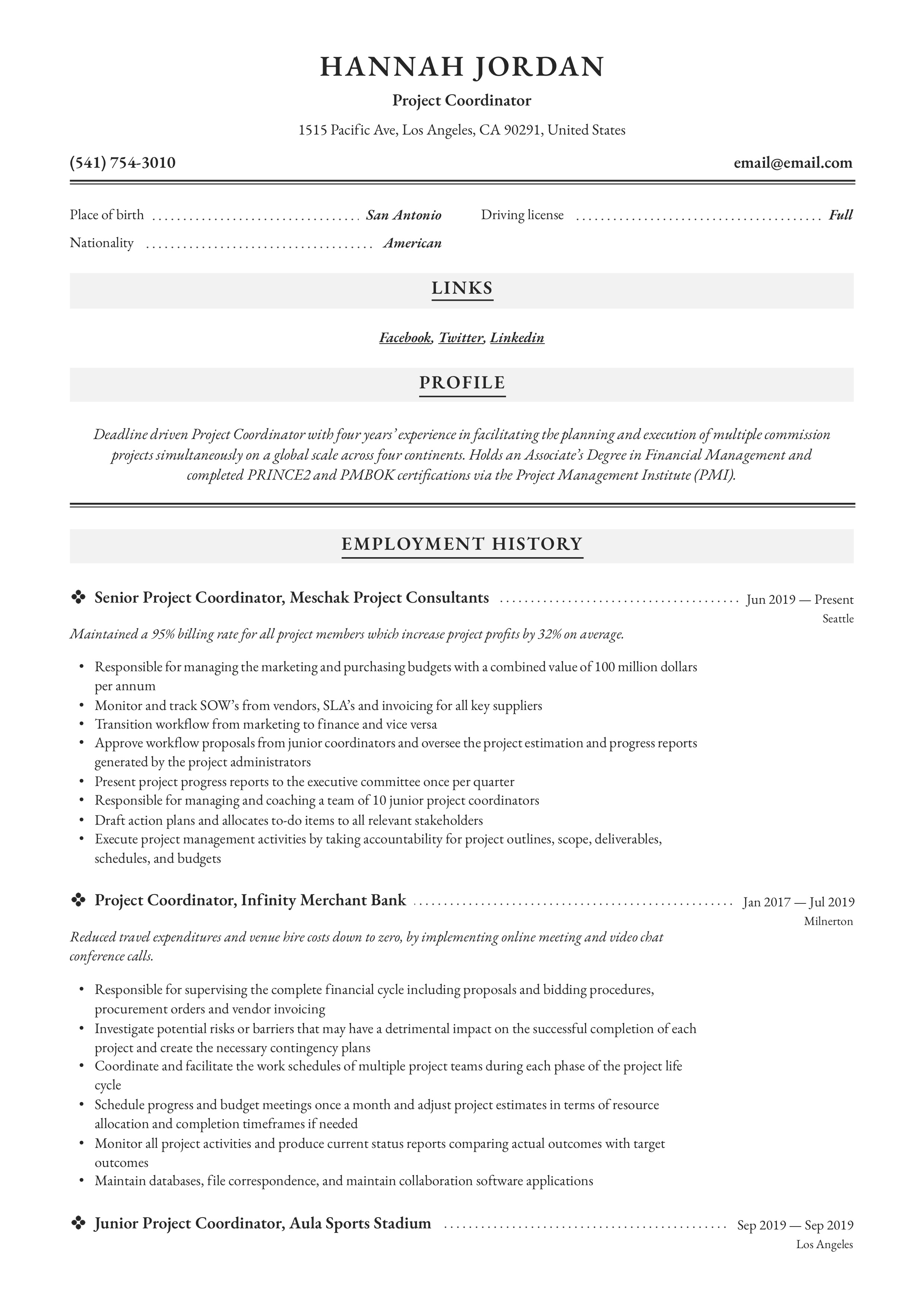 Resume Sample Project Coordinator