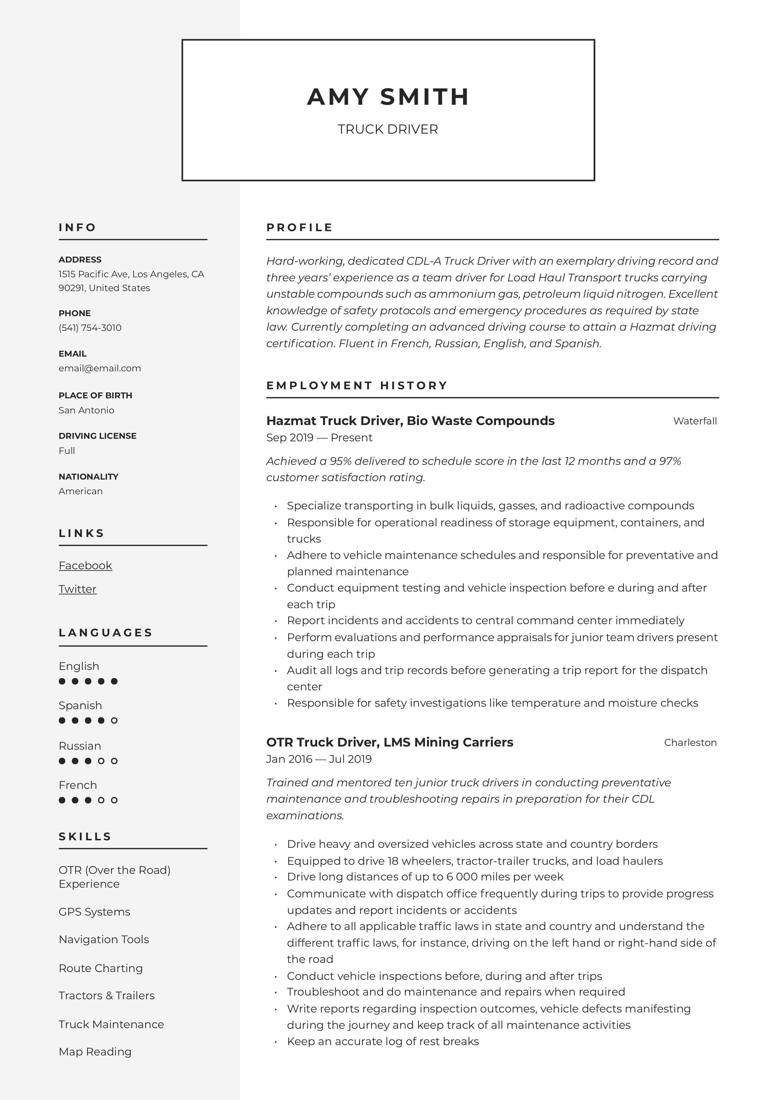 Resume Template Truck Driver