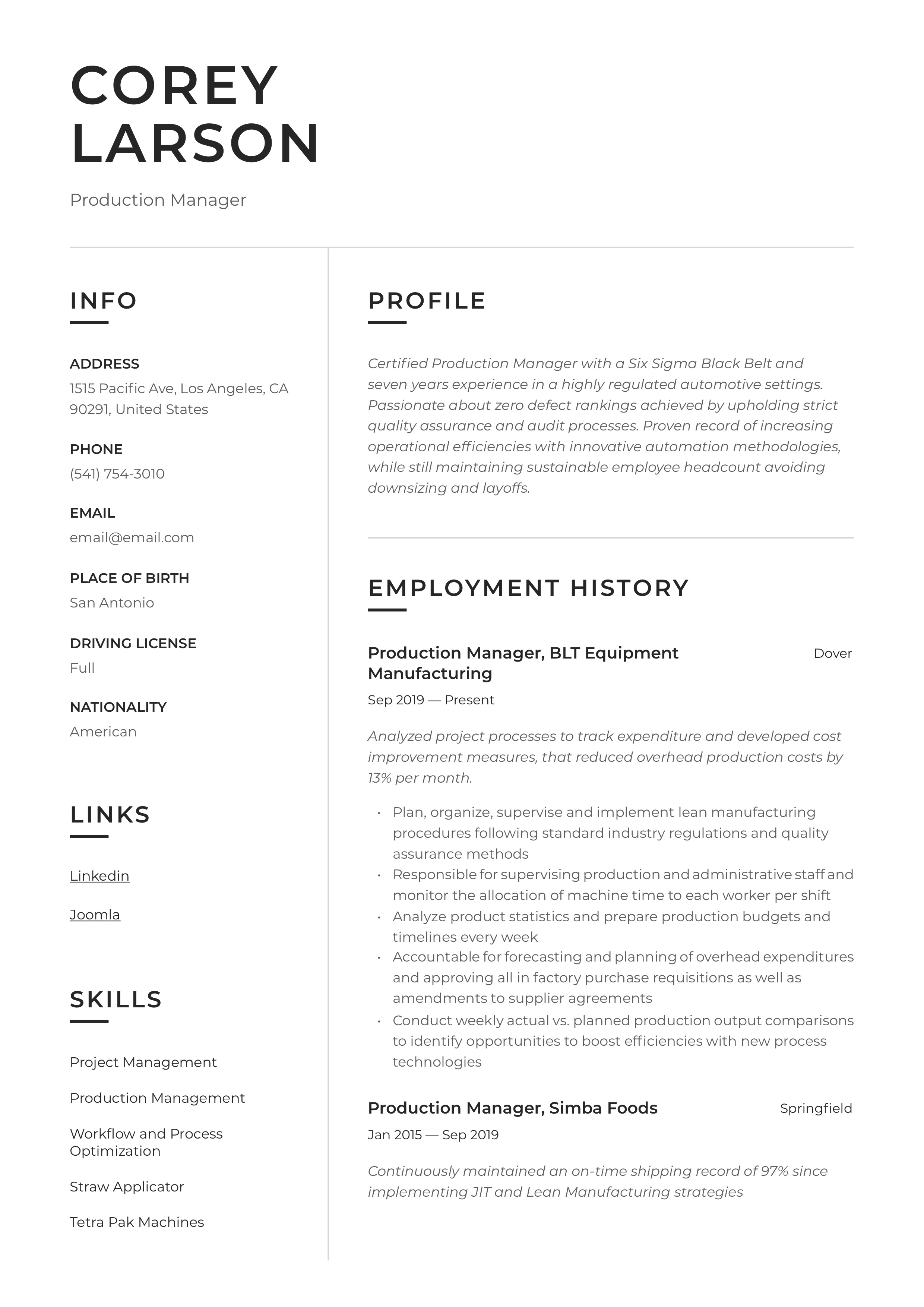 Resume Example Production Manager