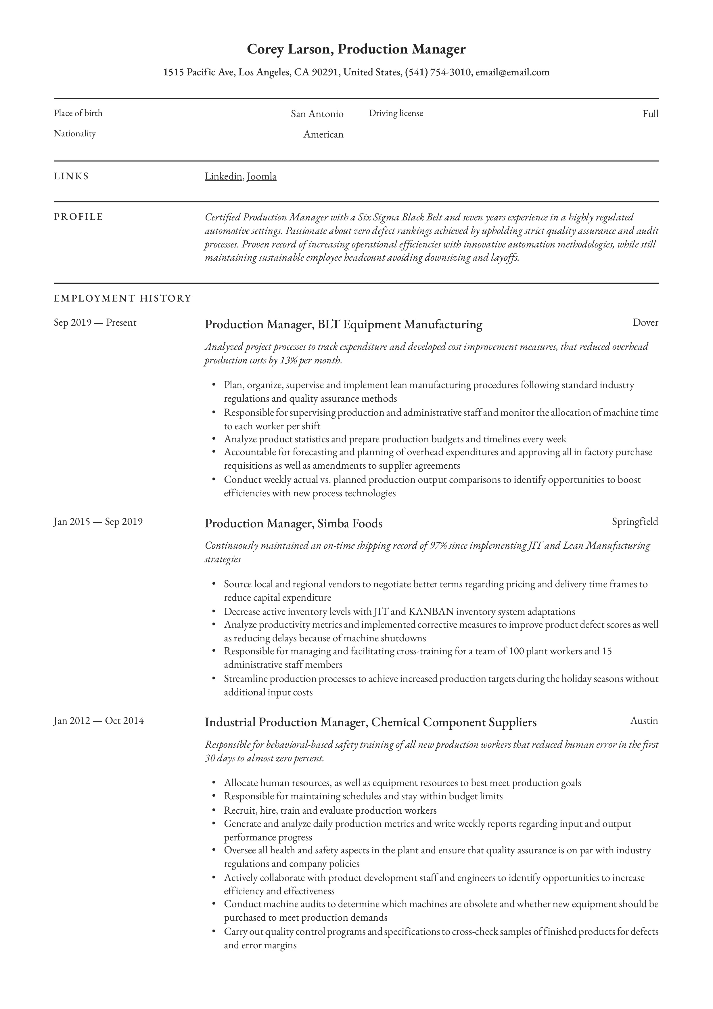 Resume Example Production Manager
