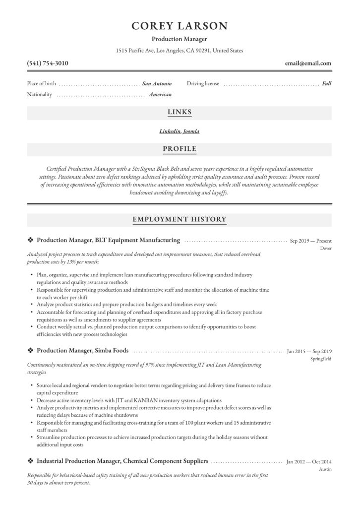Resume Sample Production Manager
