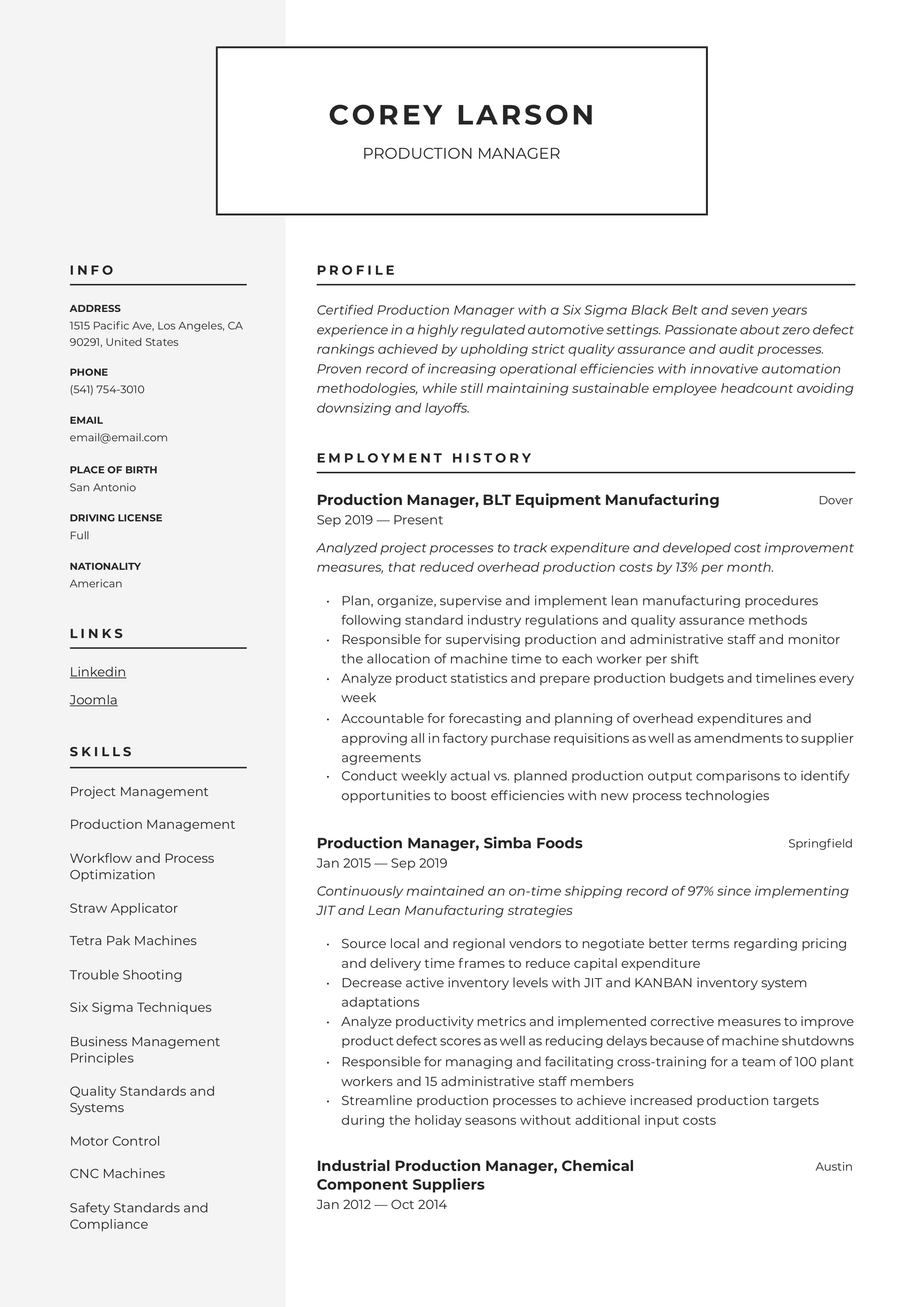 Resume Template Production Manager