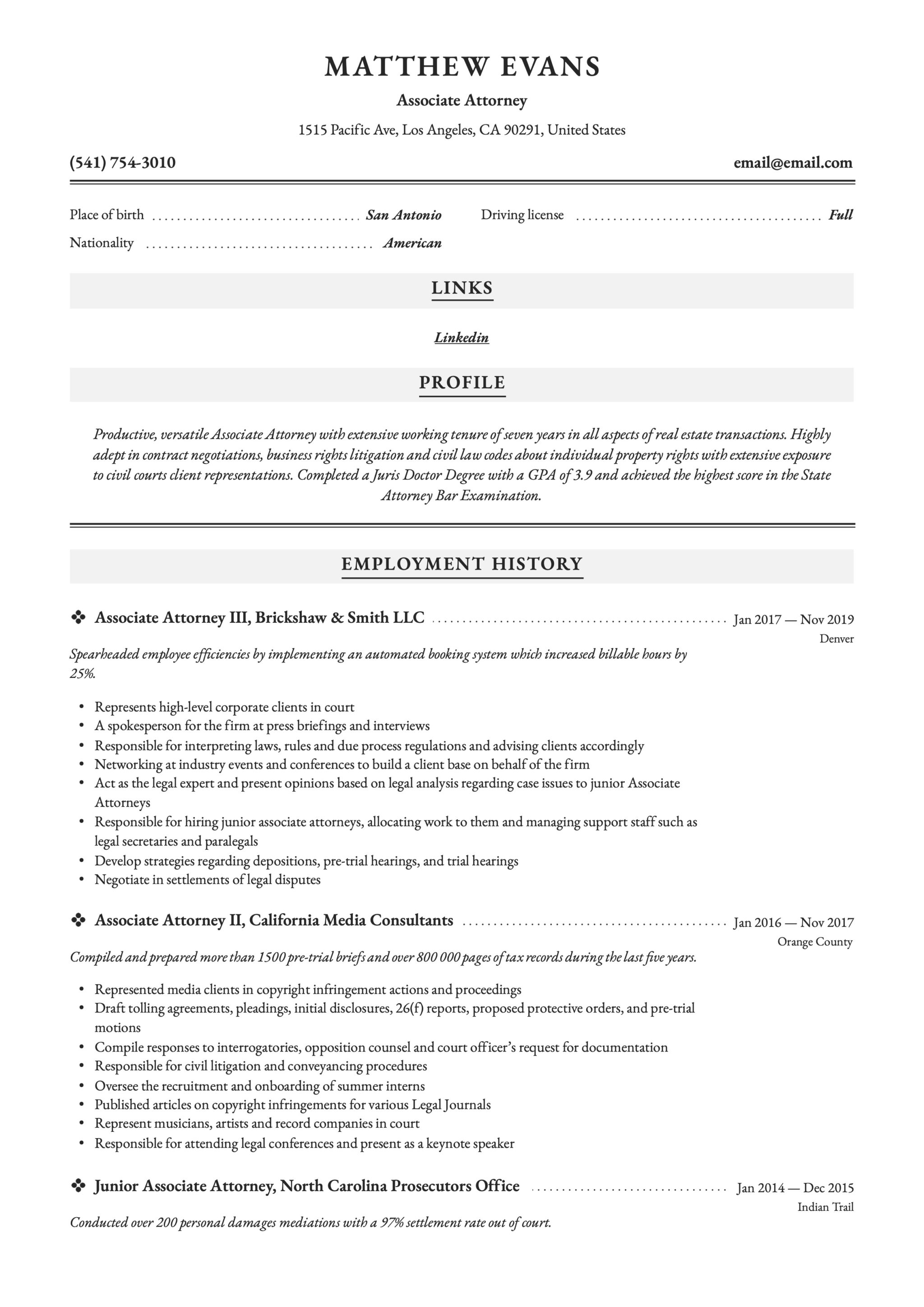 Resume Sample Associate Attorney