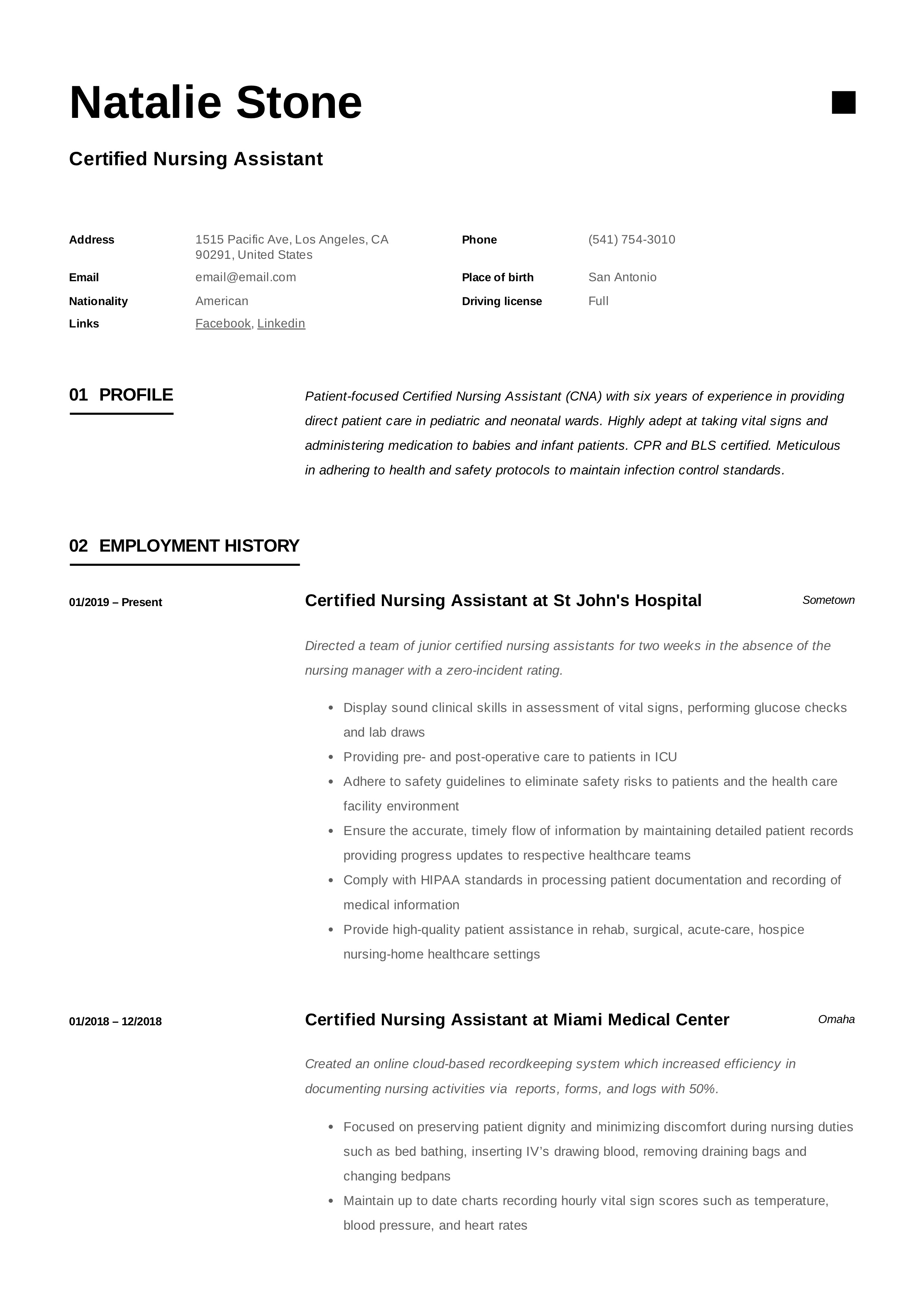 Resume Template Certified Nursing Assistant