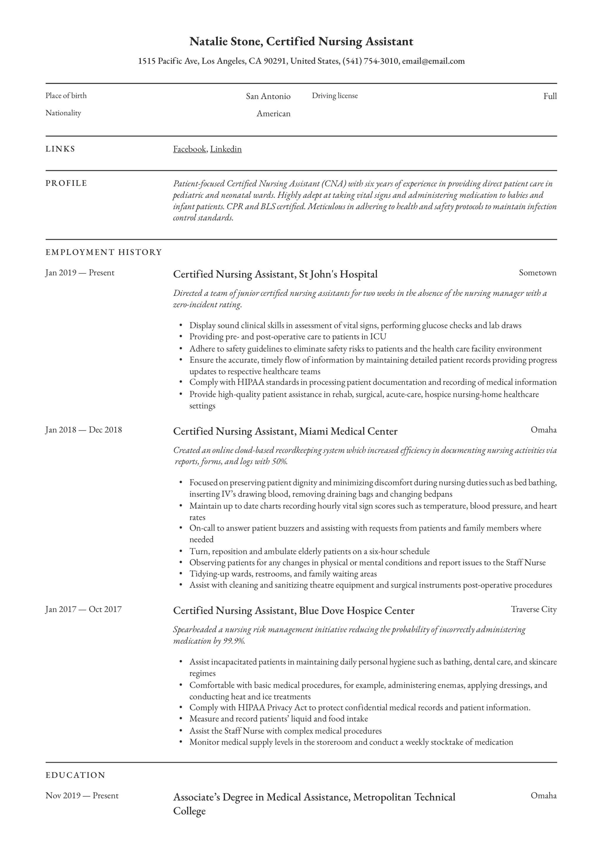 Resume Example Certified Nursing Assistant
