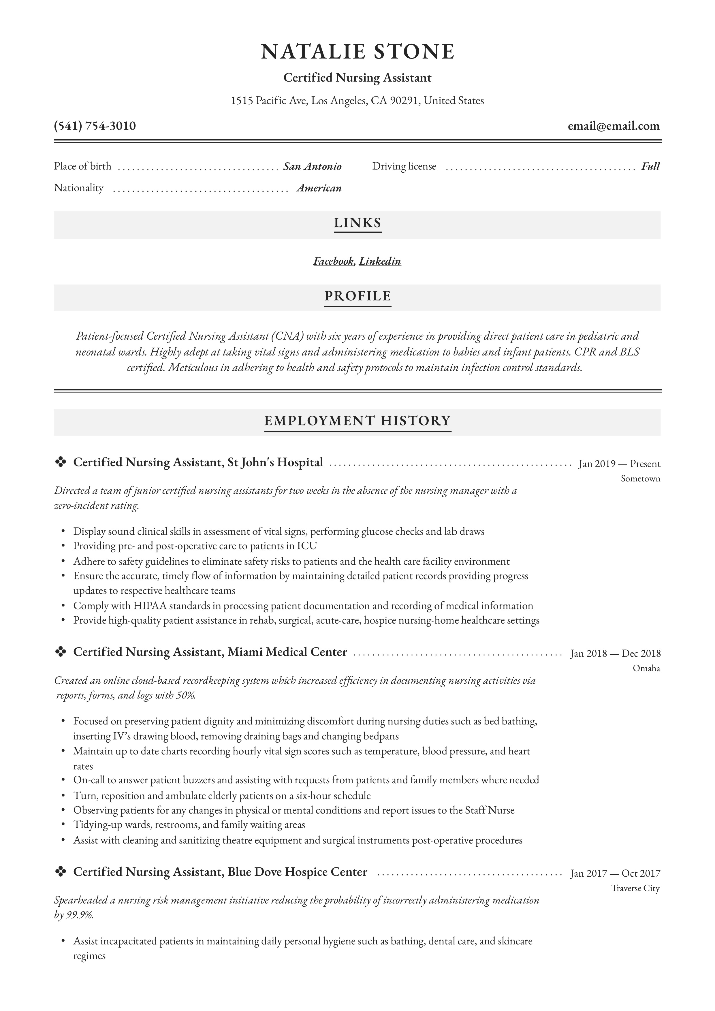Resume Sample Certified Nursing Assistant