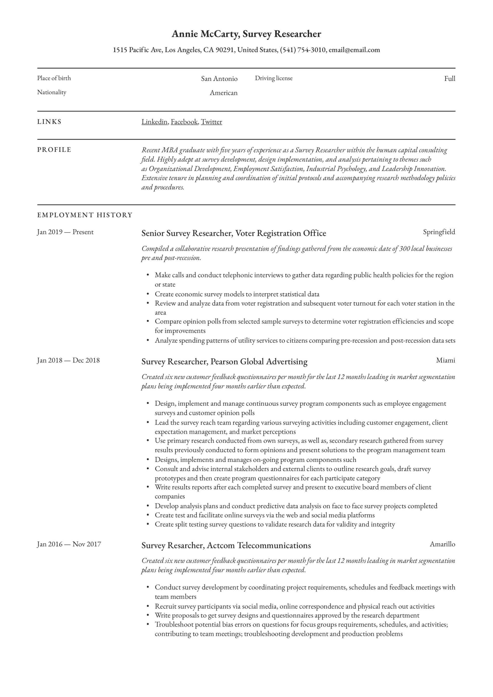 Resume Sample Survey Researcher