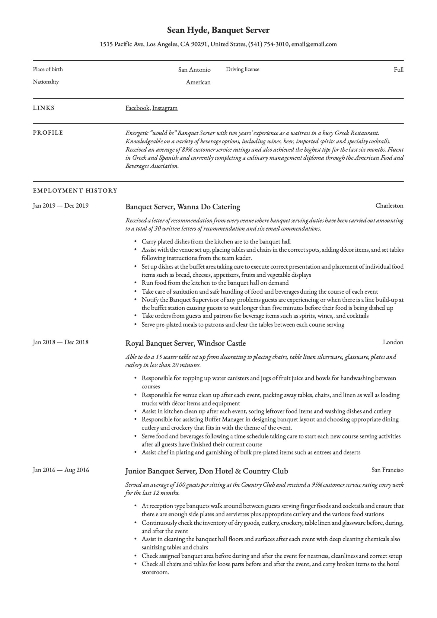 Resume Example Banquet Server