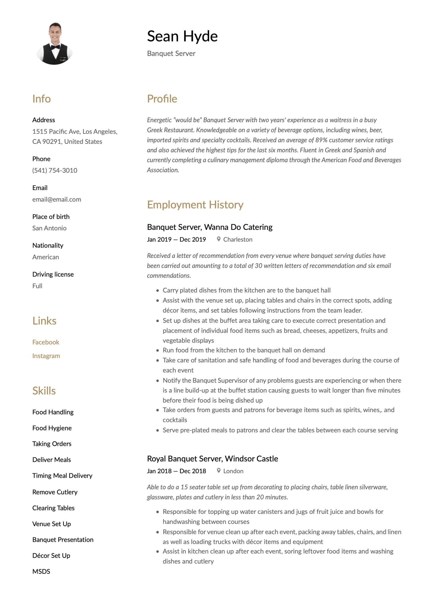 Resume Example Banquet Server
