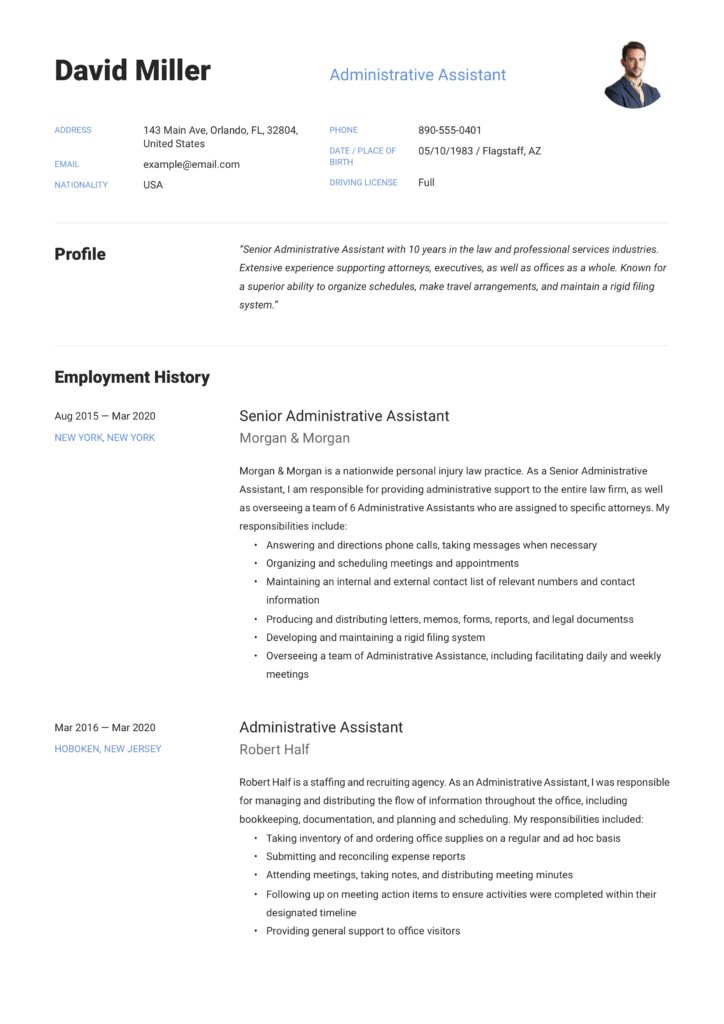 blue modern resume example administrative assistant