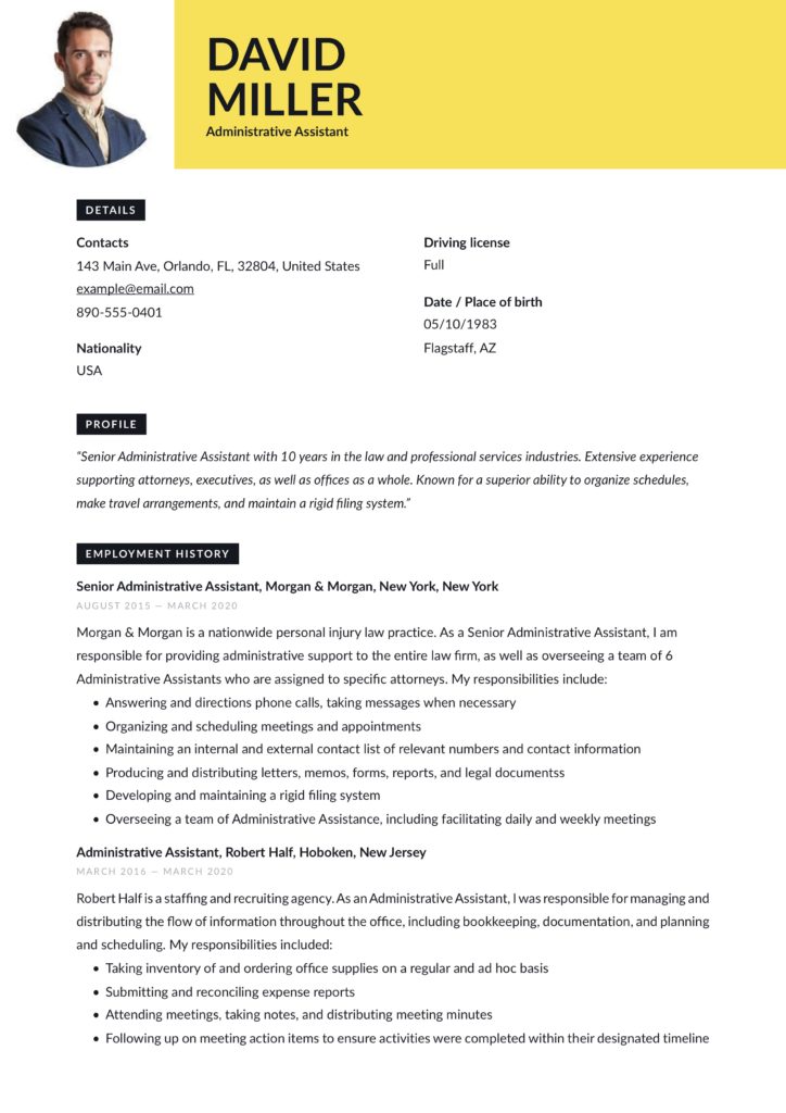 administrative assistant resume yellow