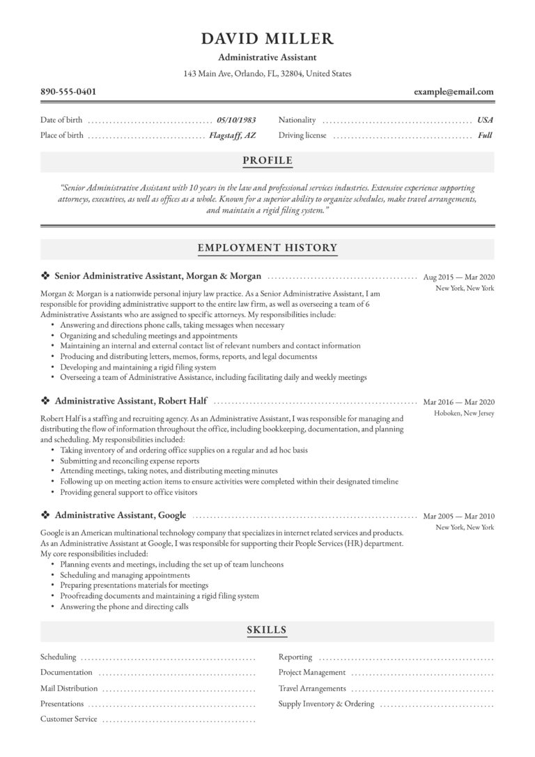 professional and classic administrative assistant resume example