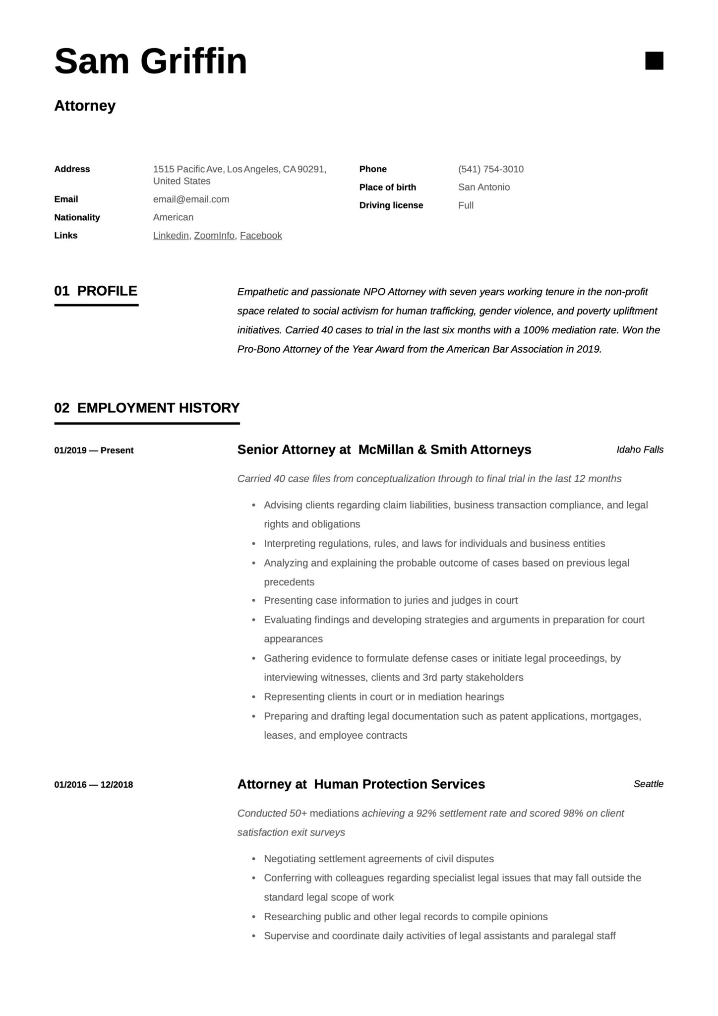 experienced attorney resume examples