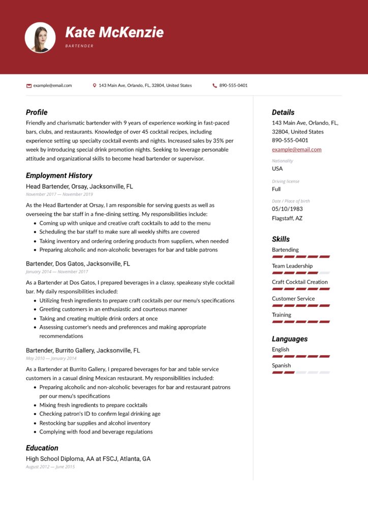 red and modern bartender example resume