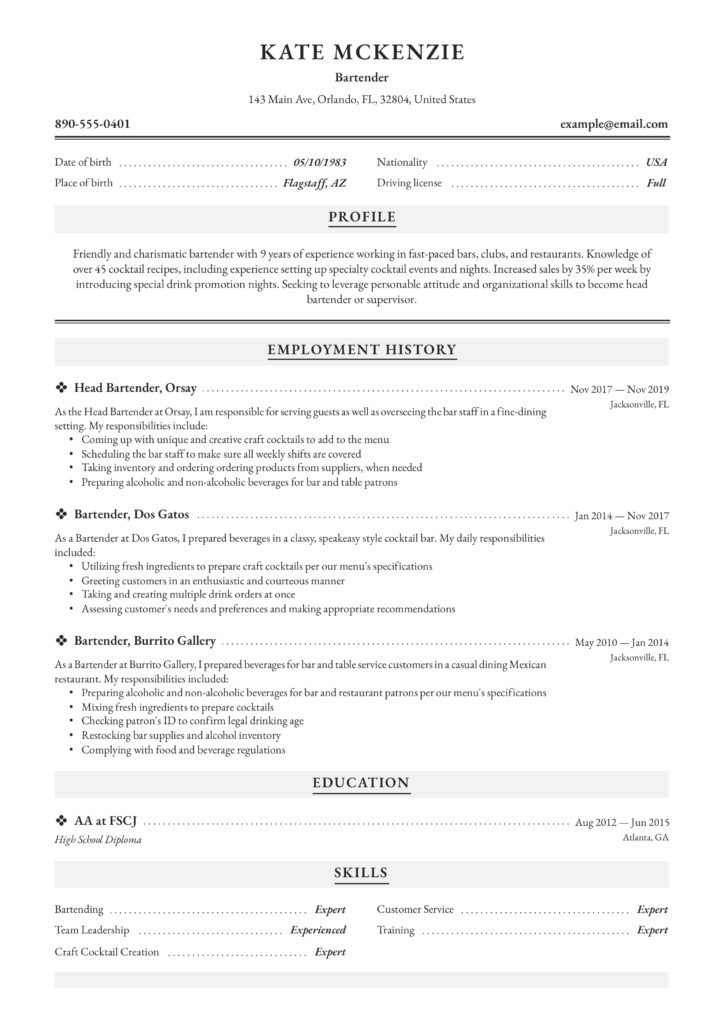 Classic professional bartender resume example