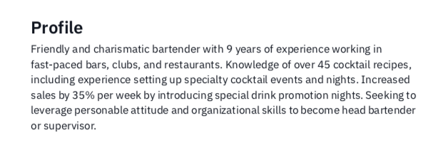 Example Summary Statement Bartender