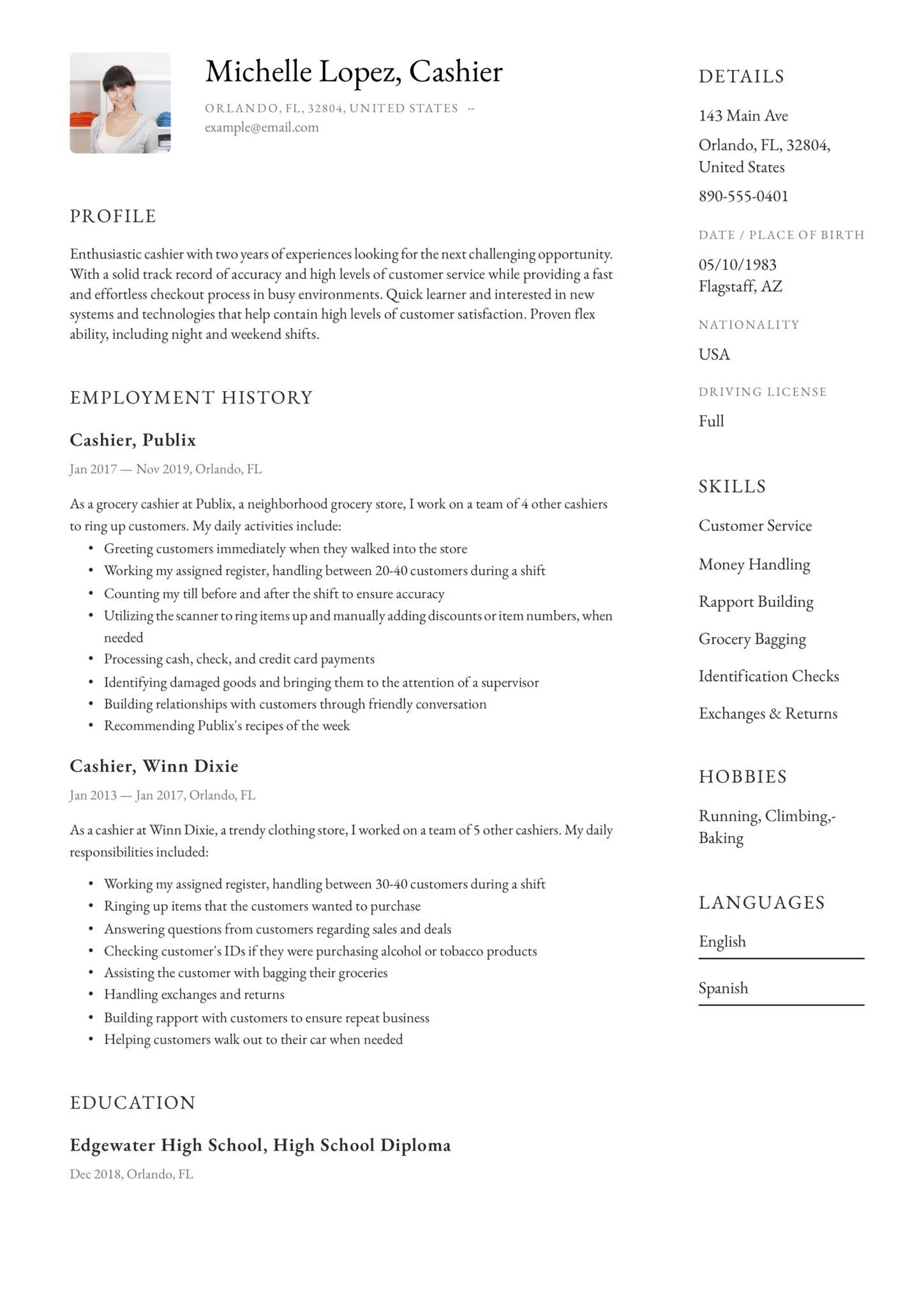 cashier resume with photo