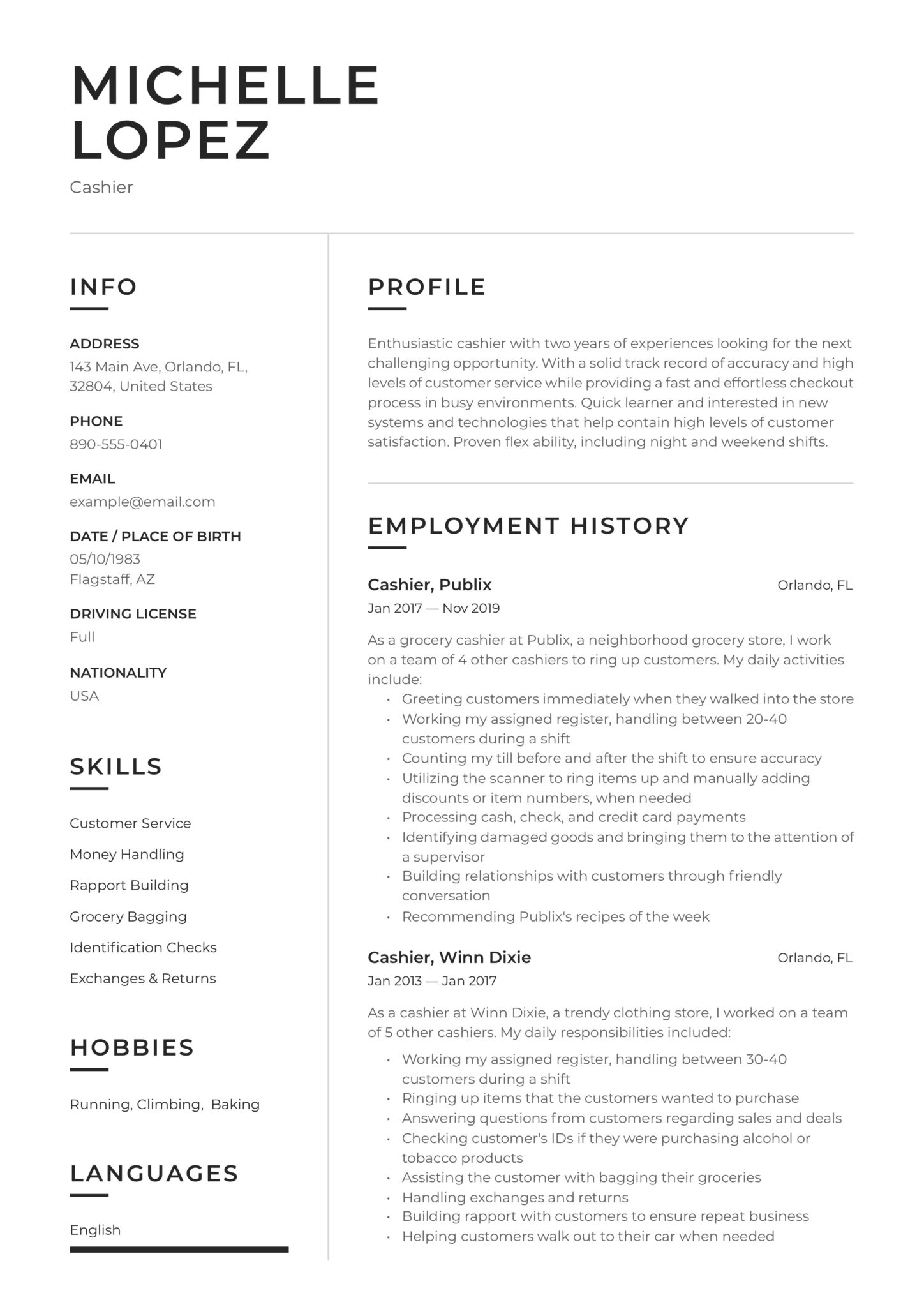 modern resume design cashier example