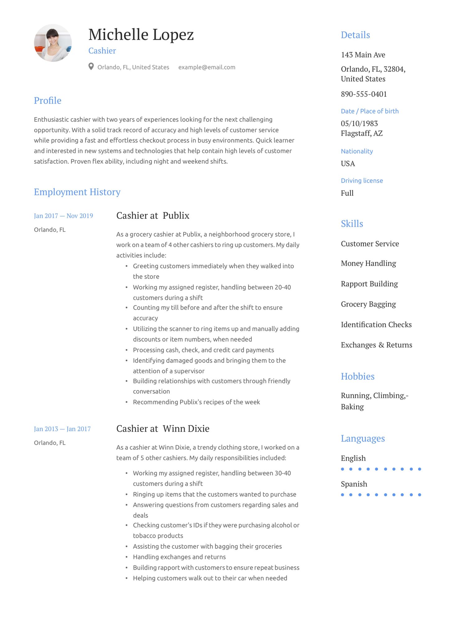 cashier resume template blue accents