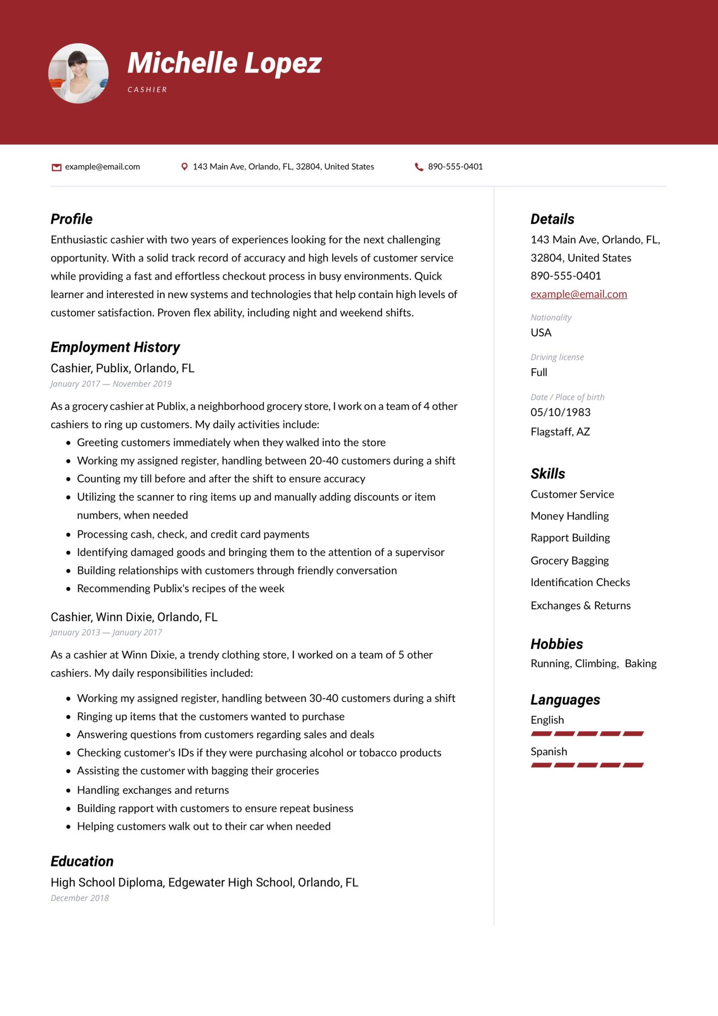 red resume template cashier