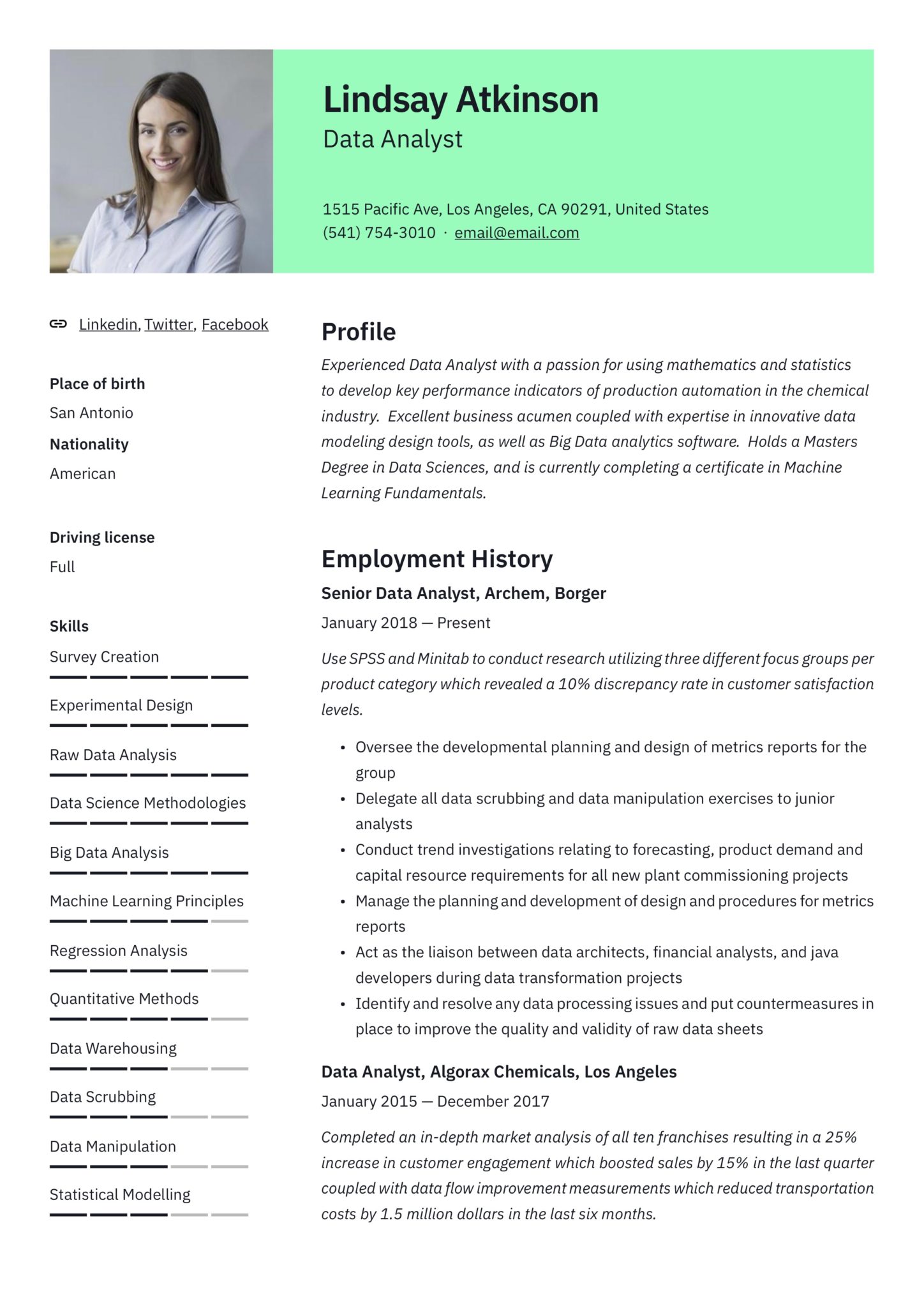 business analyst example resume green with photo
