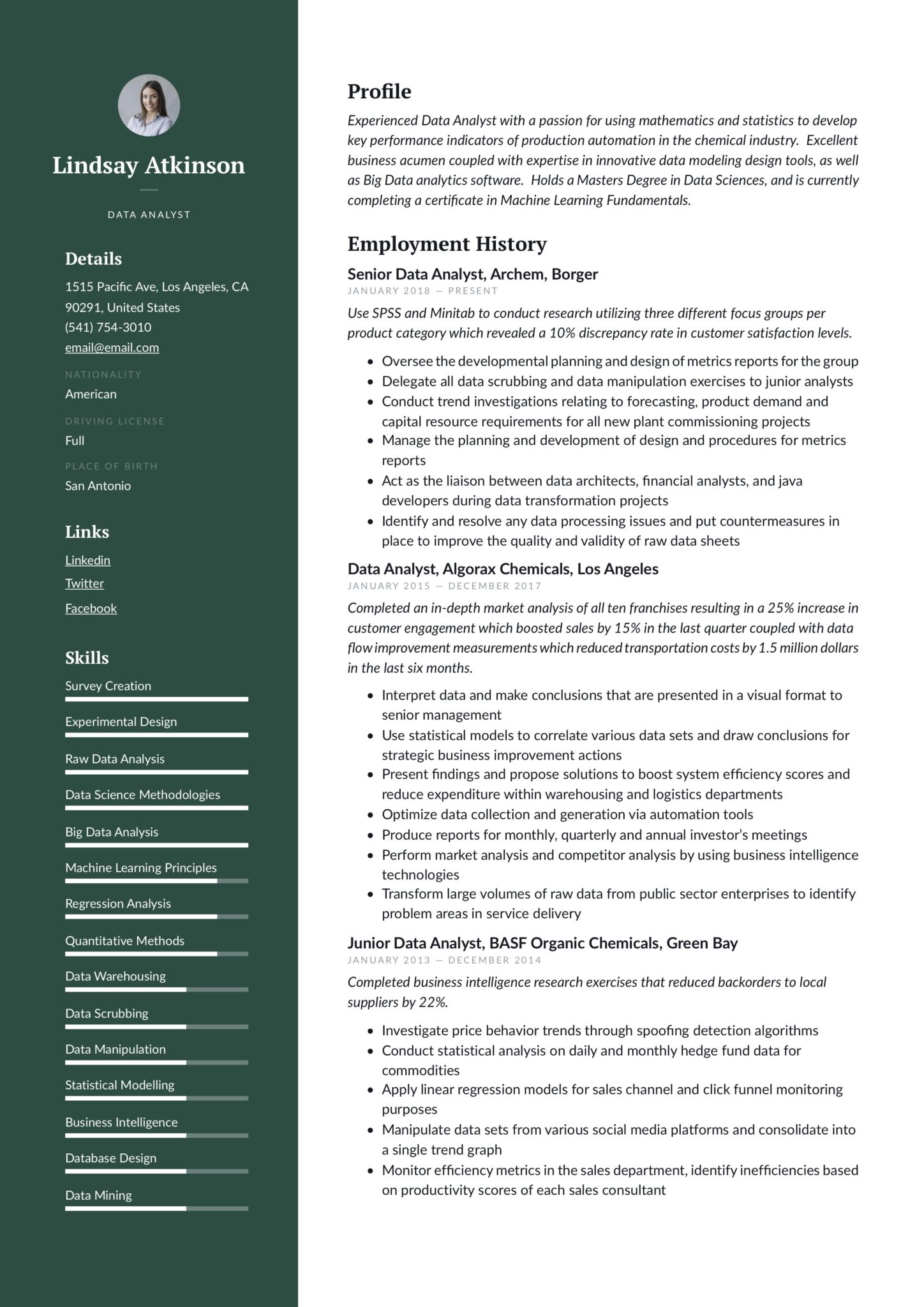 modern green colored business analyst resume example