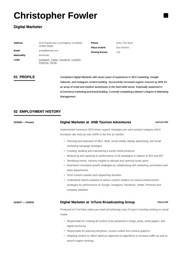 Resume Template Digital Marketer