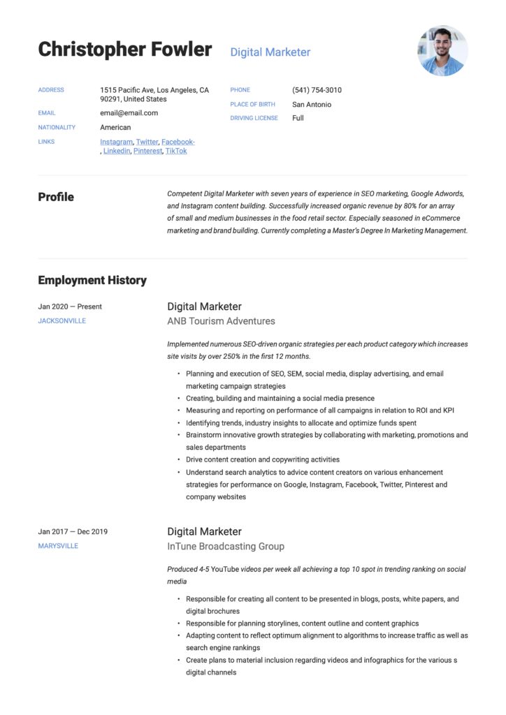 Resume Sample Digital Marketer