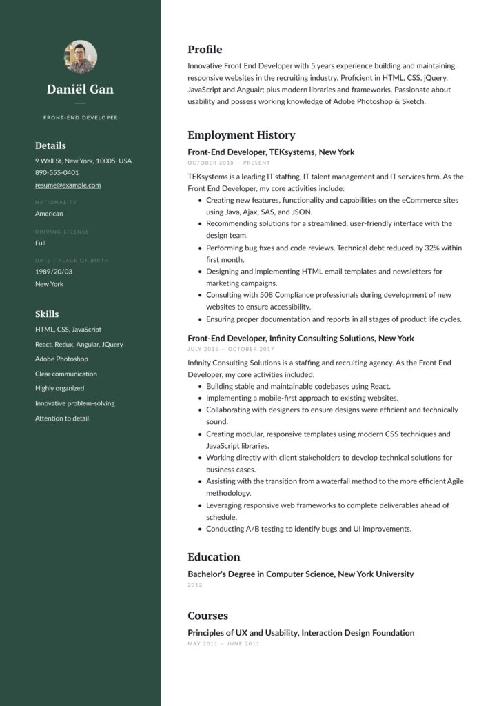 green modern resume template front-end developer