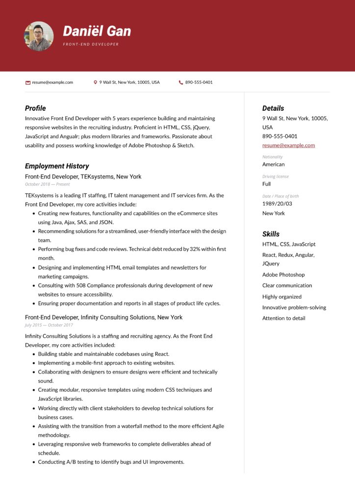 red colored resume template front-end developer