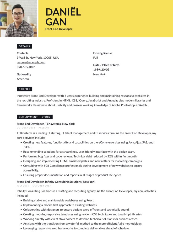 modern yellow front-end developer resume